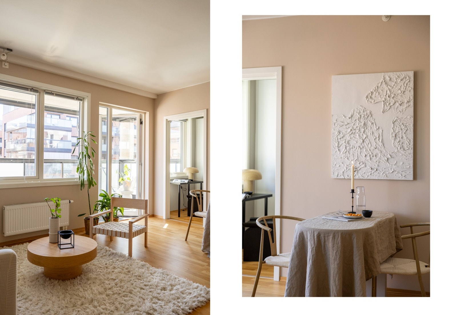 Overflatene er malt i en moderne fargetone, og på gulvet er det lagt parkett. Galleribilde