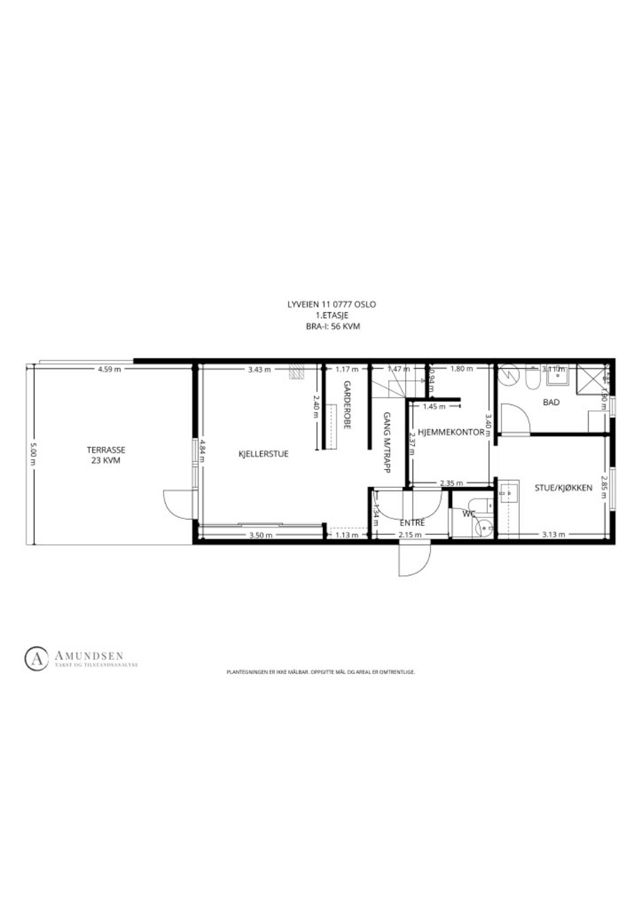 1. etasje - Inneholder entré og, toalettrom. Egen inngang til rom med kjøkkeninnredning, kontor og vaskerom innredet som bad. En sone med egen inngang innredet med sofa, skyvedørsgarderobe, garderobe, trapperom og vedovn med utgang til hage. Galleribilde