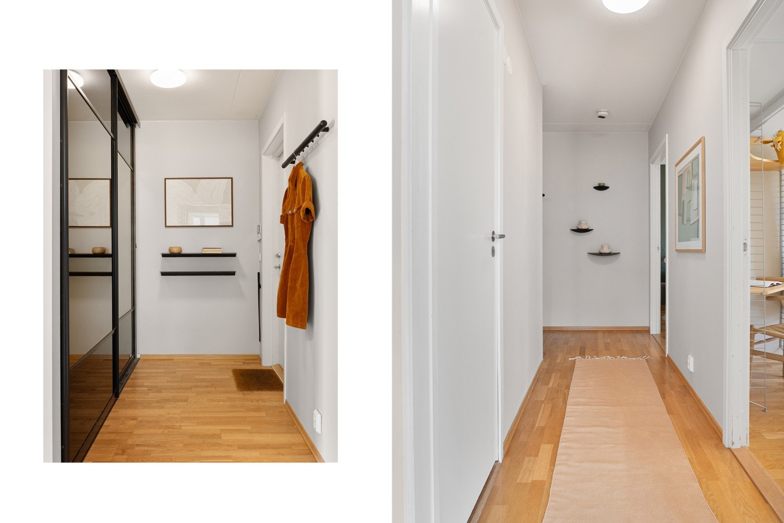 Romslig entré med integrert skyvedørsgarderobe som sikrer godt med oppbevaring. Boligen disponerer også én kjellerbod med et gulvareal på ca. 9 m². Galleribilde