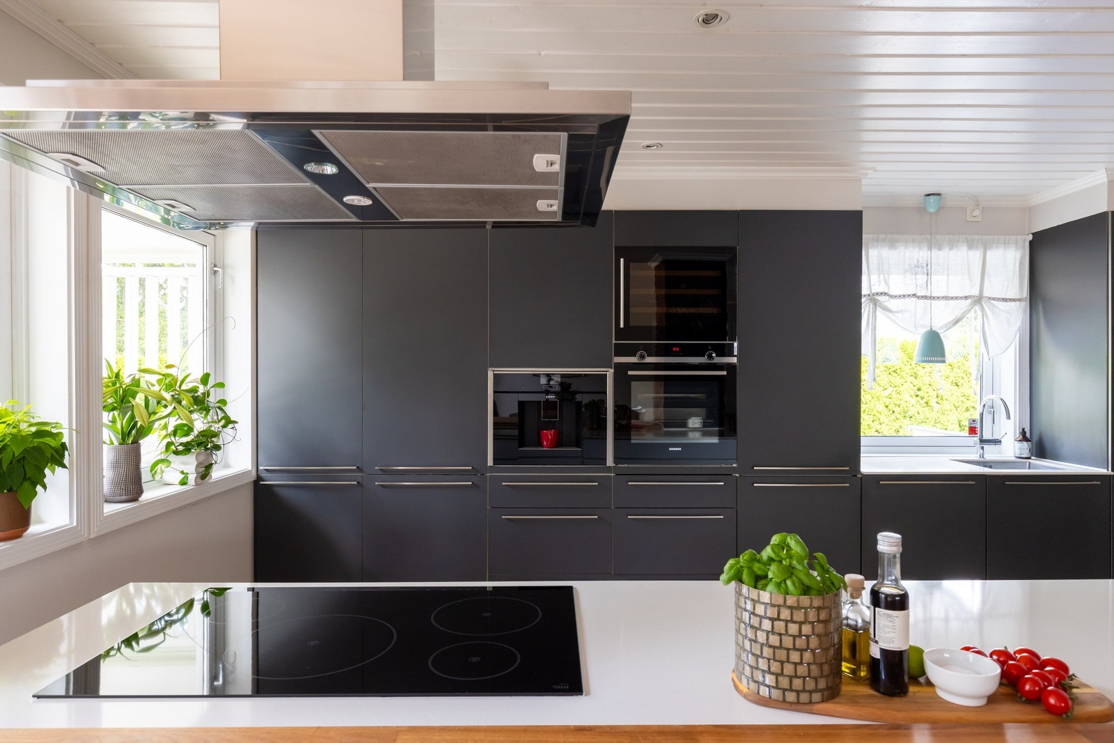 Hvitevarene er sømløst integrert i innredningen og består av kjøleskap med fryser, komfyr, platetopp, vinskap, kaffemaskin og oppvaskmaskin. Galleribilde