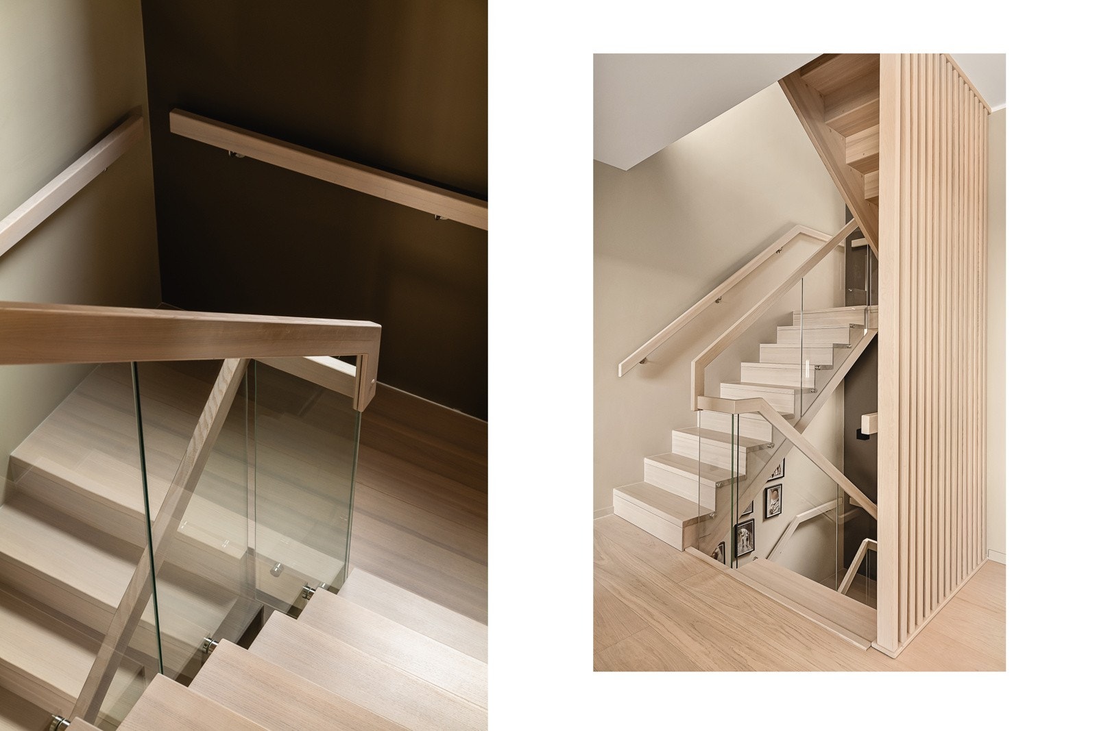- En elegant trapp i lys eik med glassrekkverk binder etasjene sammen - Galleribilde