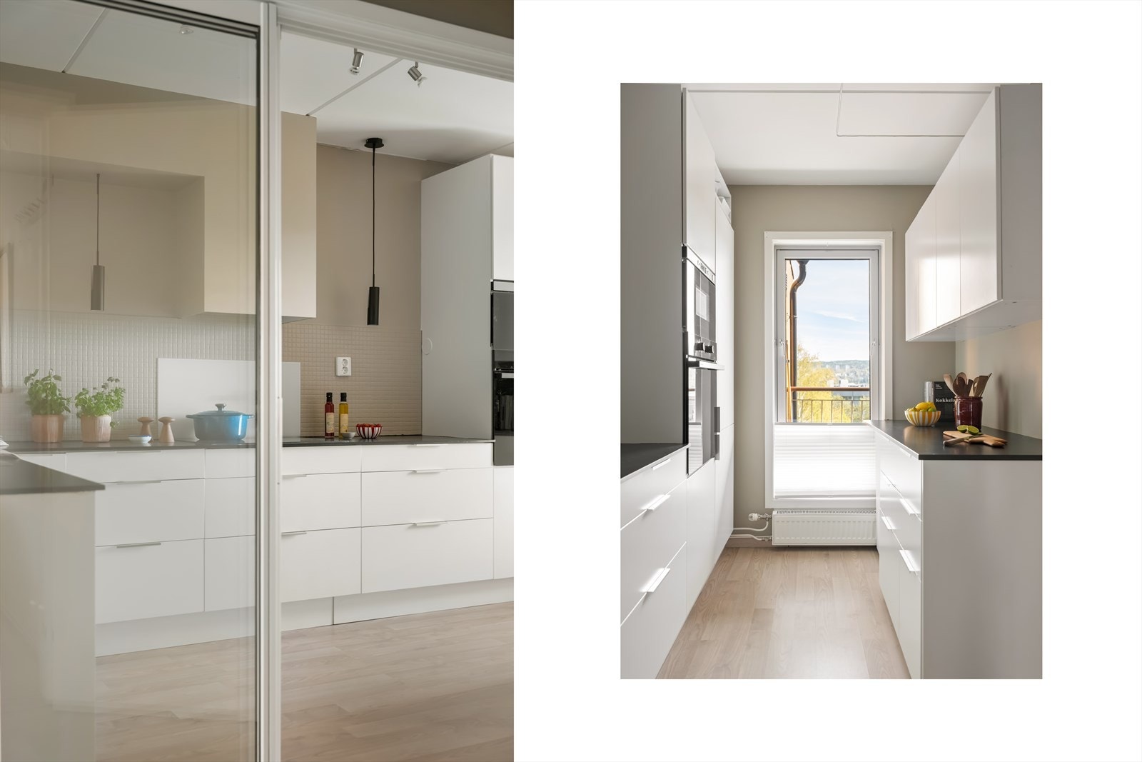 Fra stuen er det adkomst til boligens stilrene kjøkken, adskilt med en praktisk skyvedør i glass som kan åpnes eller lukkes etter behov. Galleribilde