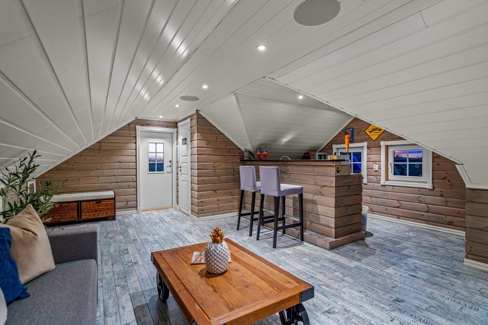 Over garasjen er det innredet rom med stilig barløsning, toalett og god plass til en tv-lounge. Galleribilde