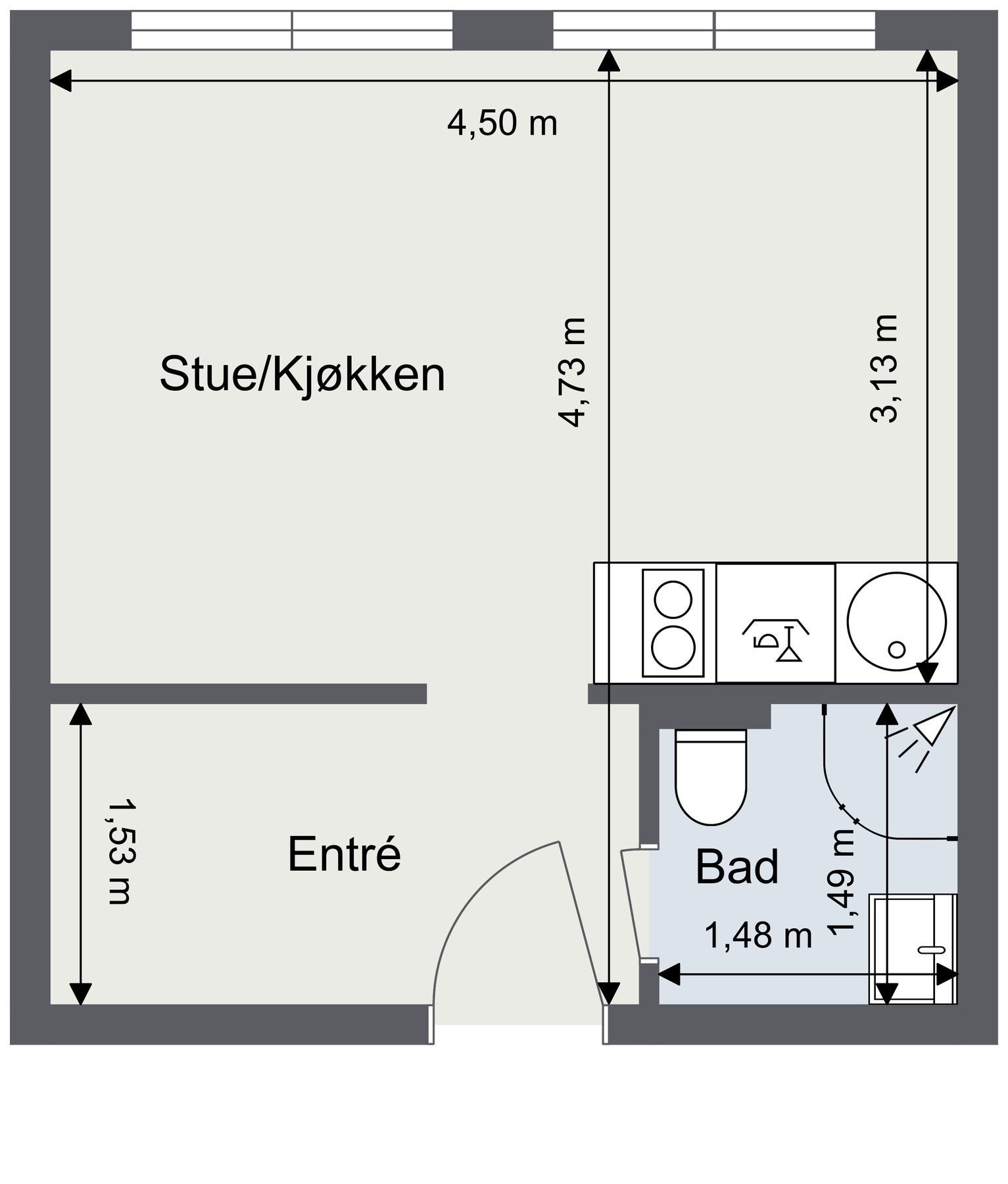 Plantegning med mål. Det medfølger bod i kjeller ca. 3 kvm. Galleribilde