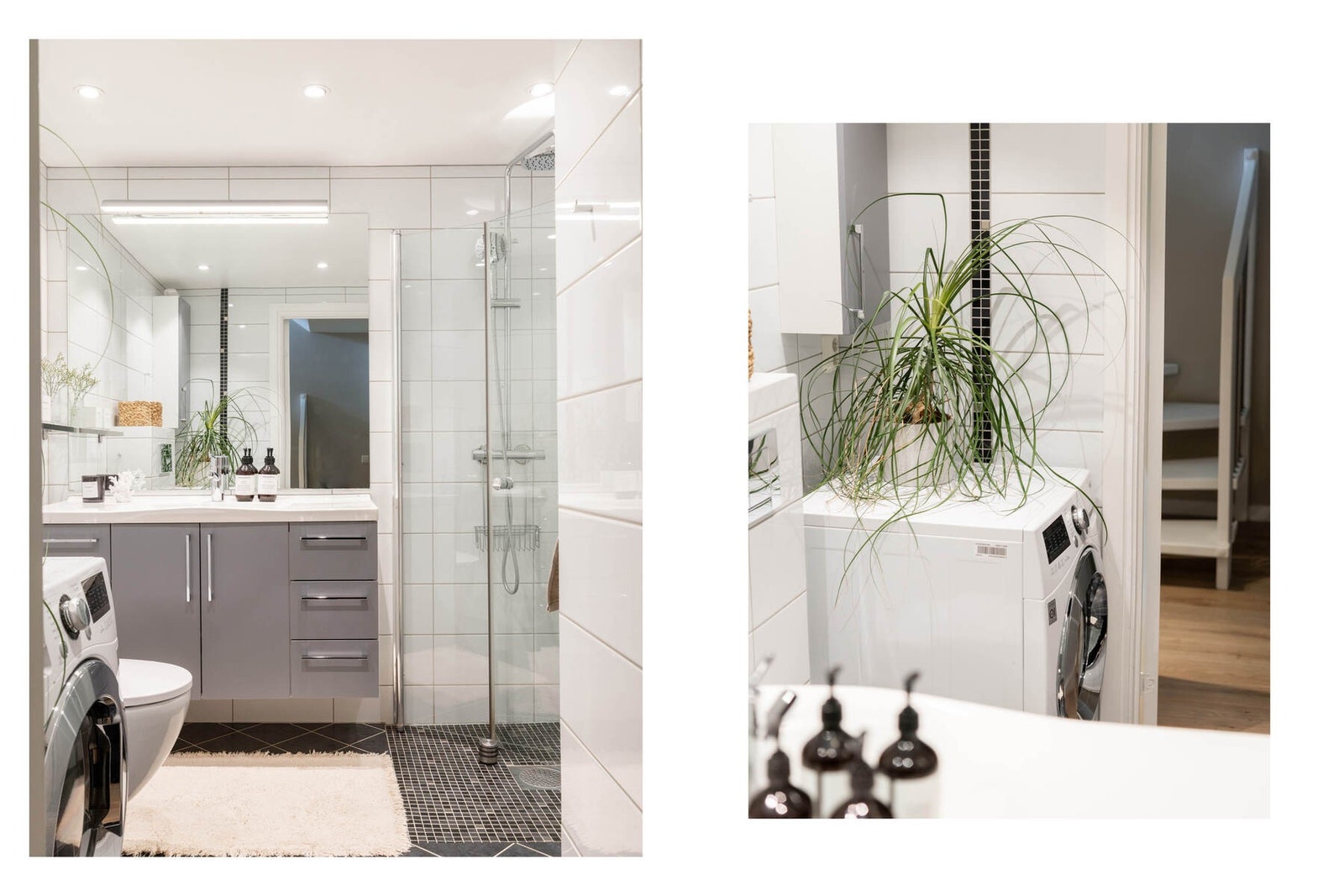 Badet er innredet med vegghengt toalett, opplegg for vaskemaskin og et dusjhjørne med regnfallsdusj og innfellbare glassdører. Galleribilde