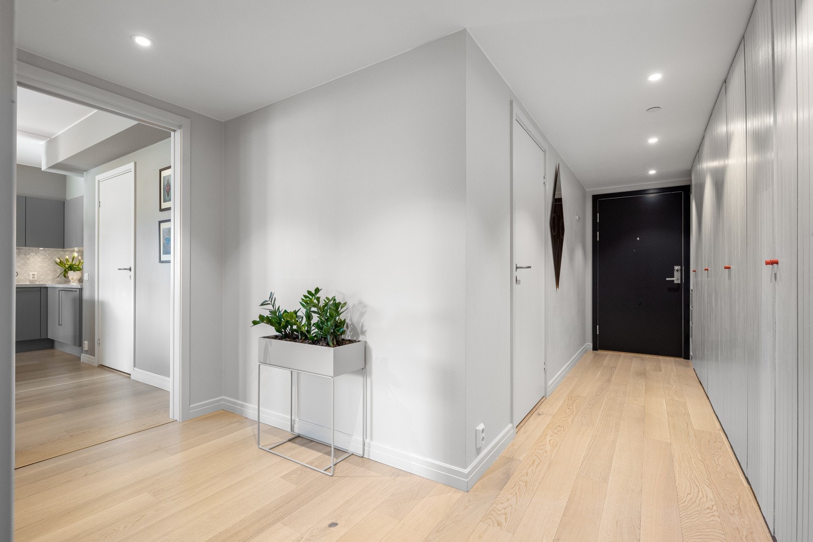 Det første som møter deg når du kommer inn er en entrè/gang med god plass til sko og yttertøy i plassbygde skap. Det er parkett på gulv og downlights i taket. Galleribilde