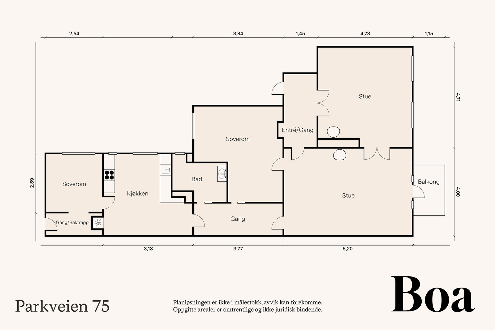3. etasje: Entré/gang, bad, to soverom, mellomgang, kjøkken og to stuer. Annet: Balkong på ca. 3,5 m² og 4 boder. Galleribilde