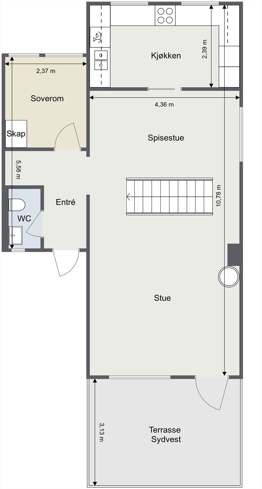 1. etasje: En sosial sone med stue, spisestue og kjøkken, samt et soverom og WC. Direkte utgang til sydvestvendt terrasse. Galleribilde