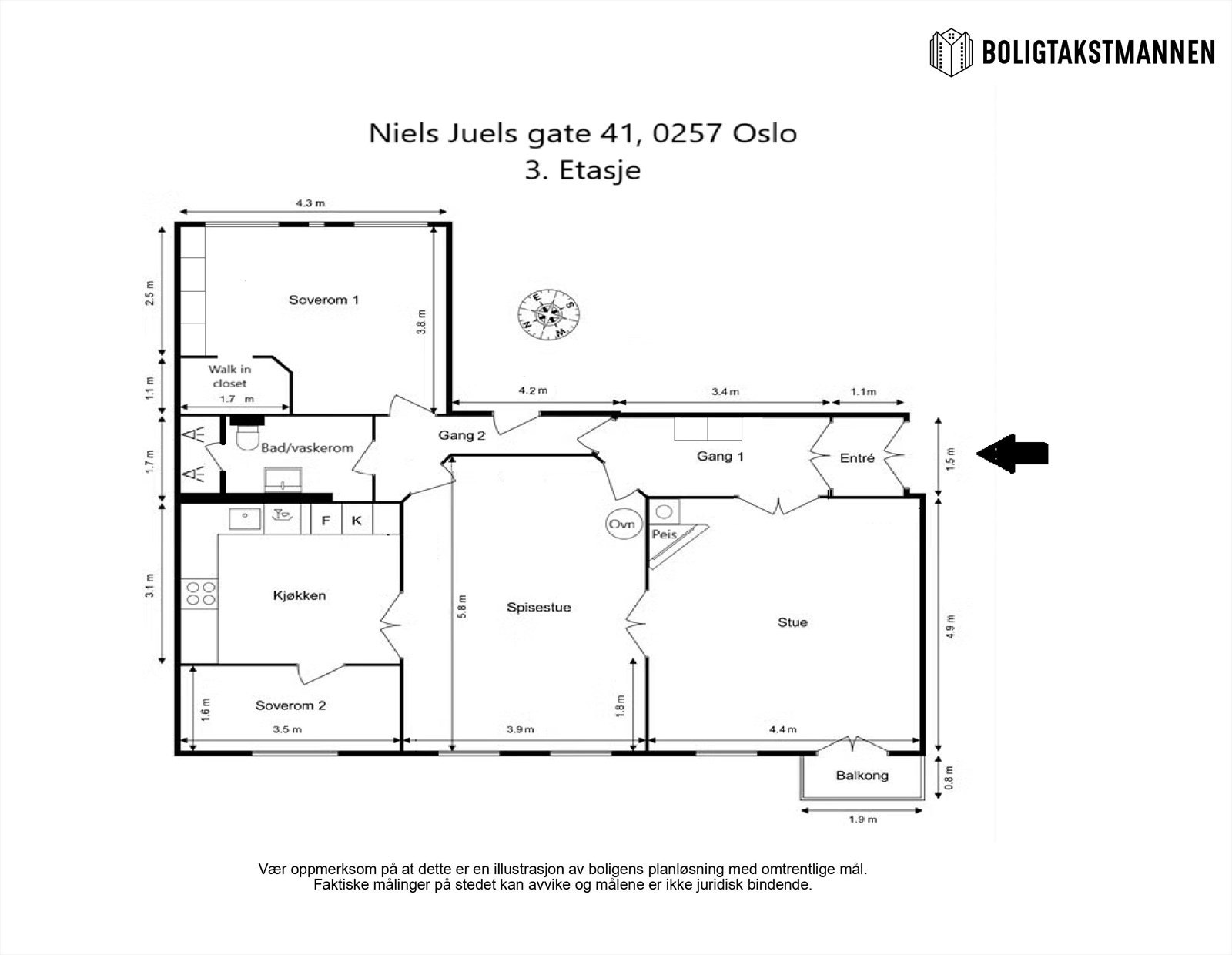 Planløsning: 3. etasje: Entré, 2 ganger, stue, spisestue, kjøkken, bad/vaskerom og 2 soverom. Galleribilde