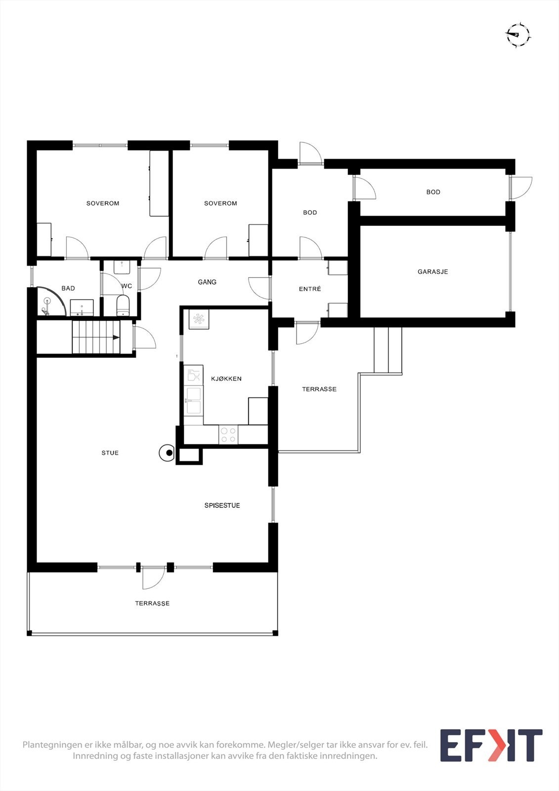 Hovedetasjen har en praktisk planløsning med stue, kjøkken, to soverom, bad og toalettrom samlet på ett plan. Galleribilde