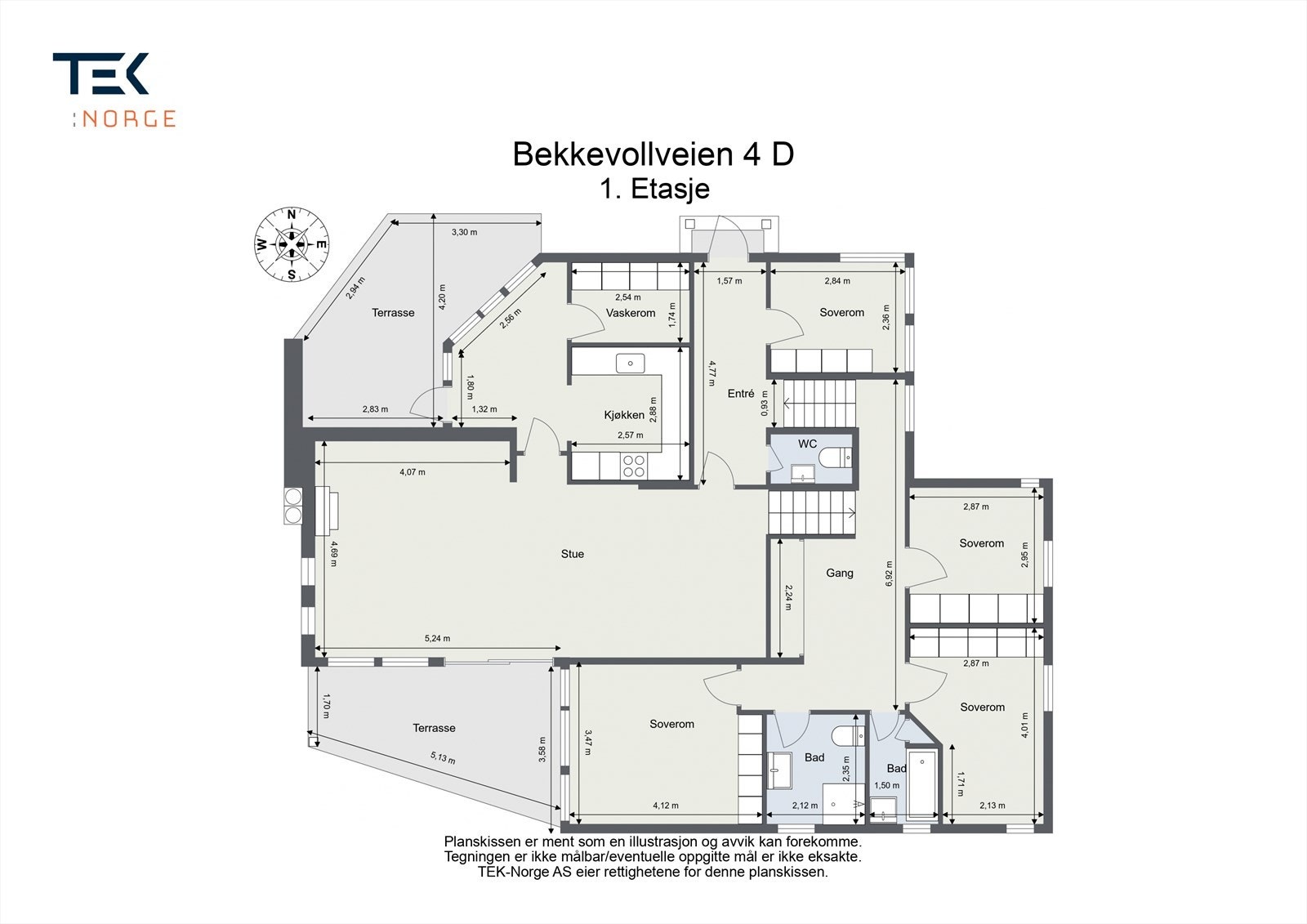 Boligen har en familievennlig planløsning der alle fire soverommene er praktisk samlet i første etasje. Galleribilde