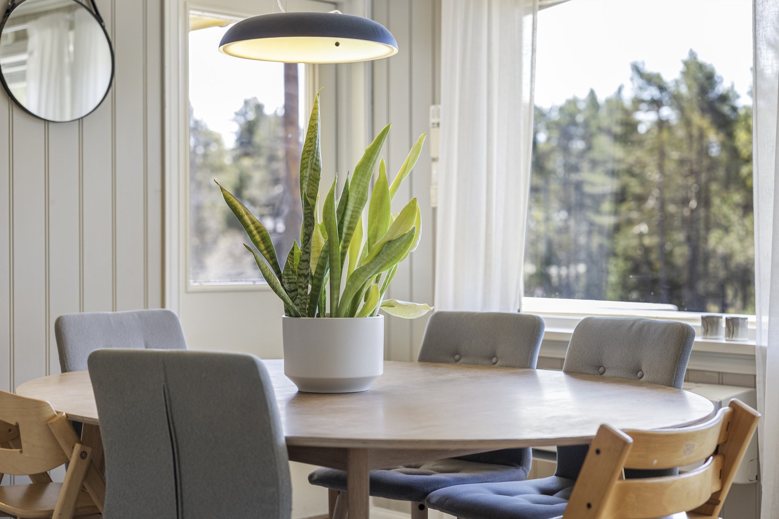 Store vinduer i stuen gir godt med naturlig lys og rammer inn utsikten mot naturen. Galleribilde