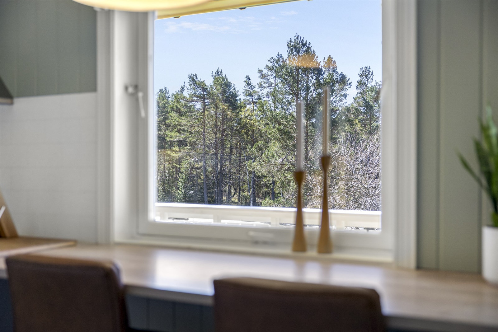 Fra kjøkkenbenken kan du nyte utsikten mot skogen og nærområdet. Galleribilde