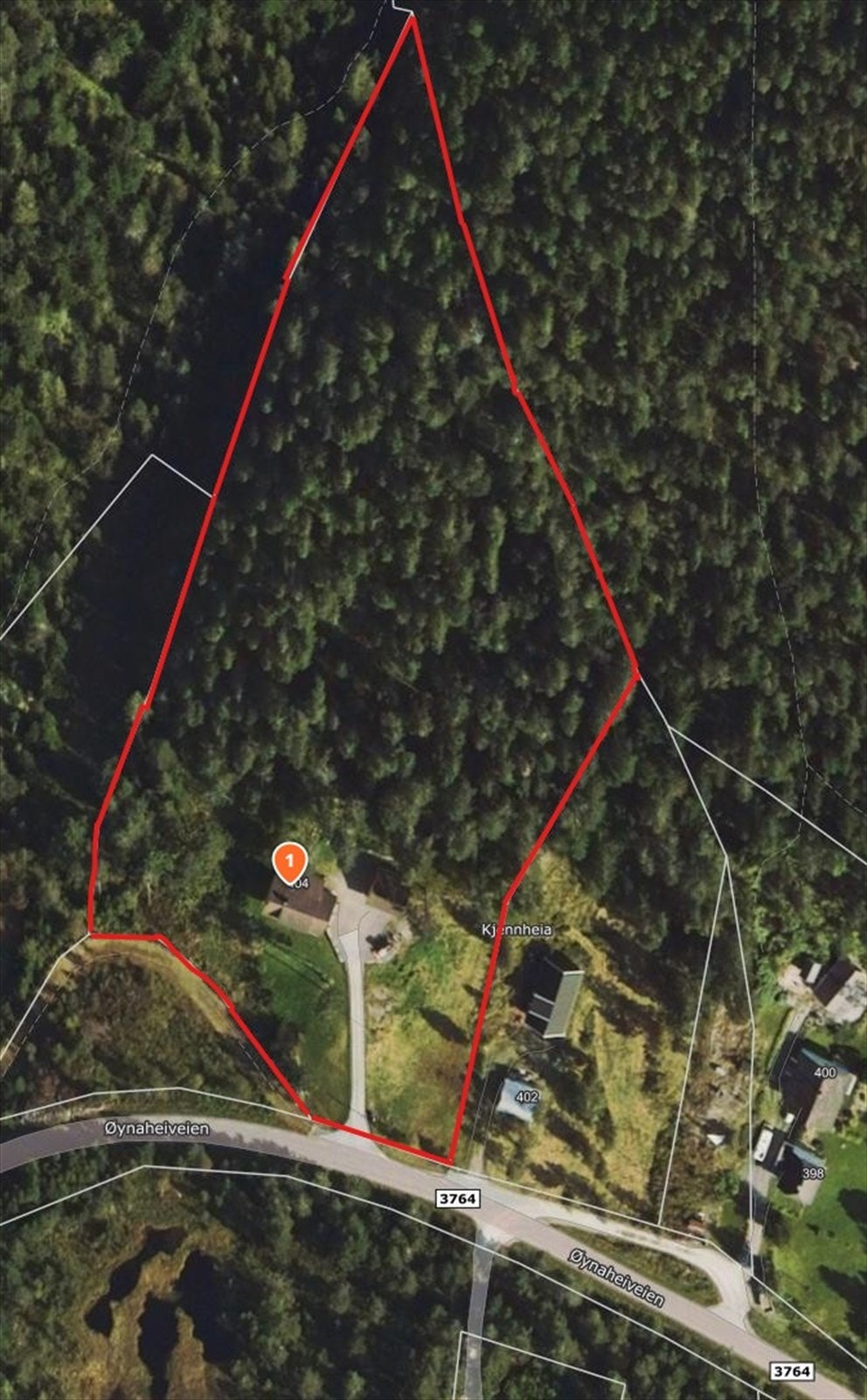 Tomtegrenser i rødt, tegnet enkelt inn for å vise ca. tomtegrenser. Det er ryddet litt skog nærmere huset siden oversiktsbildet ble tatt. Galleribilde