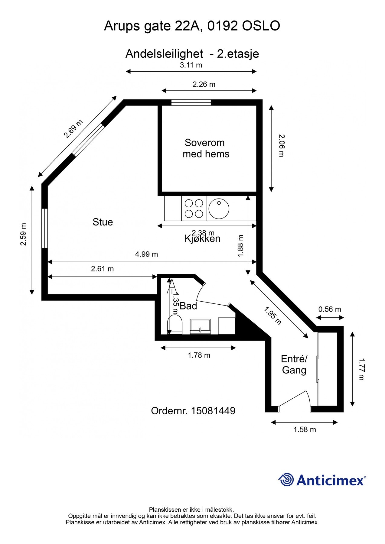 Plantegning 2. etasje. I tillegg disponerer leiligheten en kjellerbod på 4m². Galleribilde