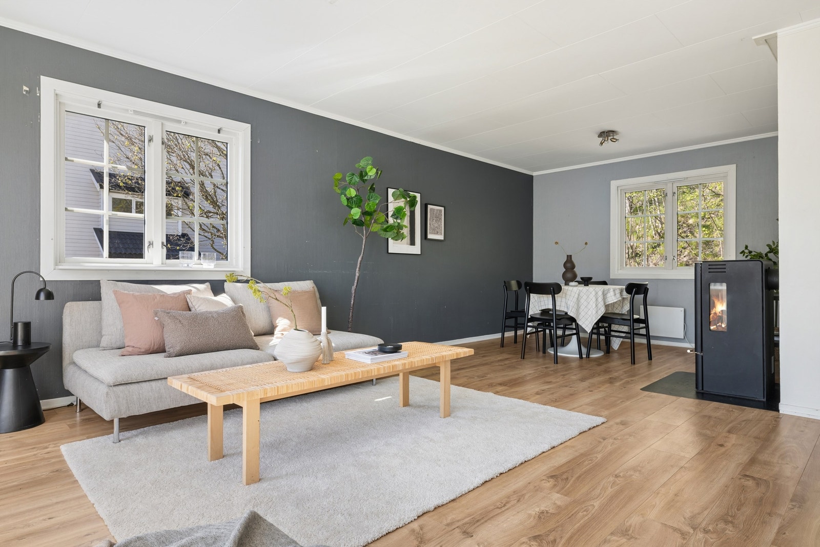 Rommet er lyst og luftig, med plass til både sofagruppe og spisebord. Galleribilde