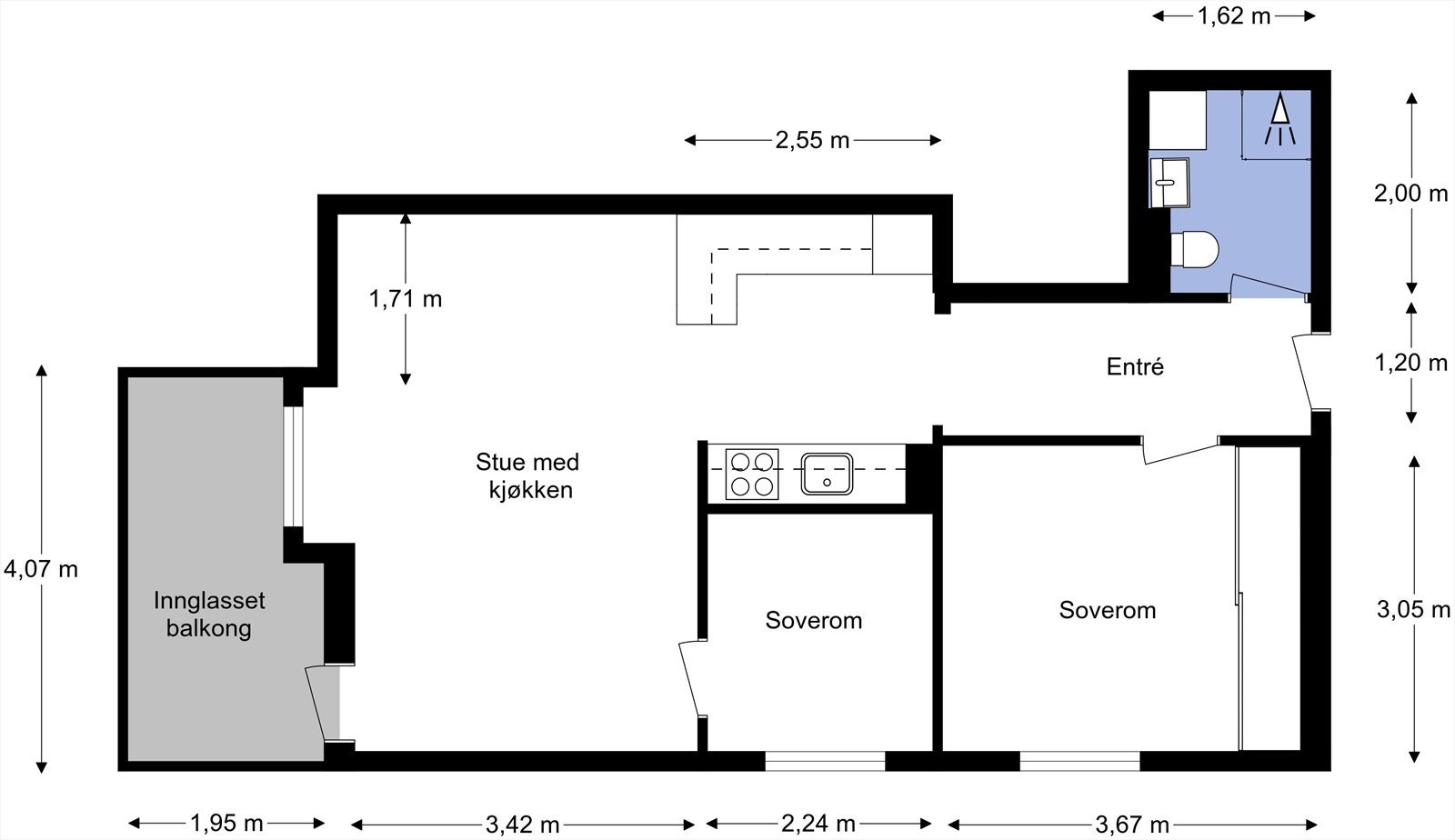Leiligheten har en gjennomtenkt planløsning med entré, stue/kjøkken, to soverom, bad og balkong på hele 8m². Galleribilde