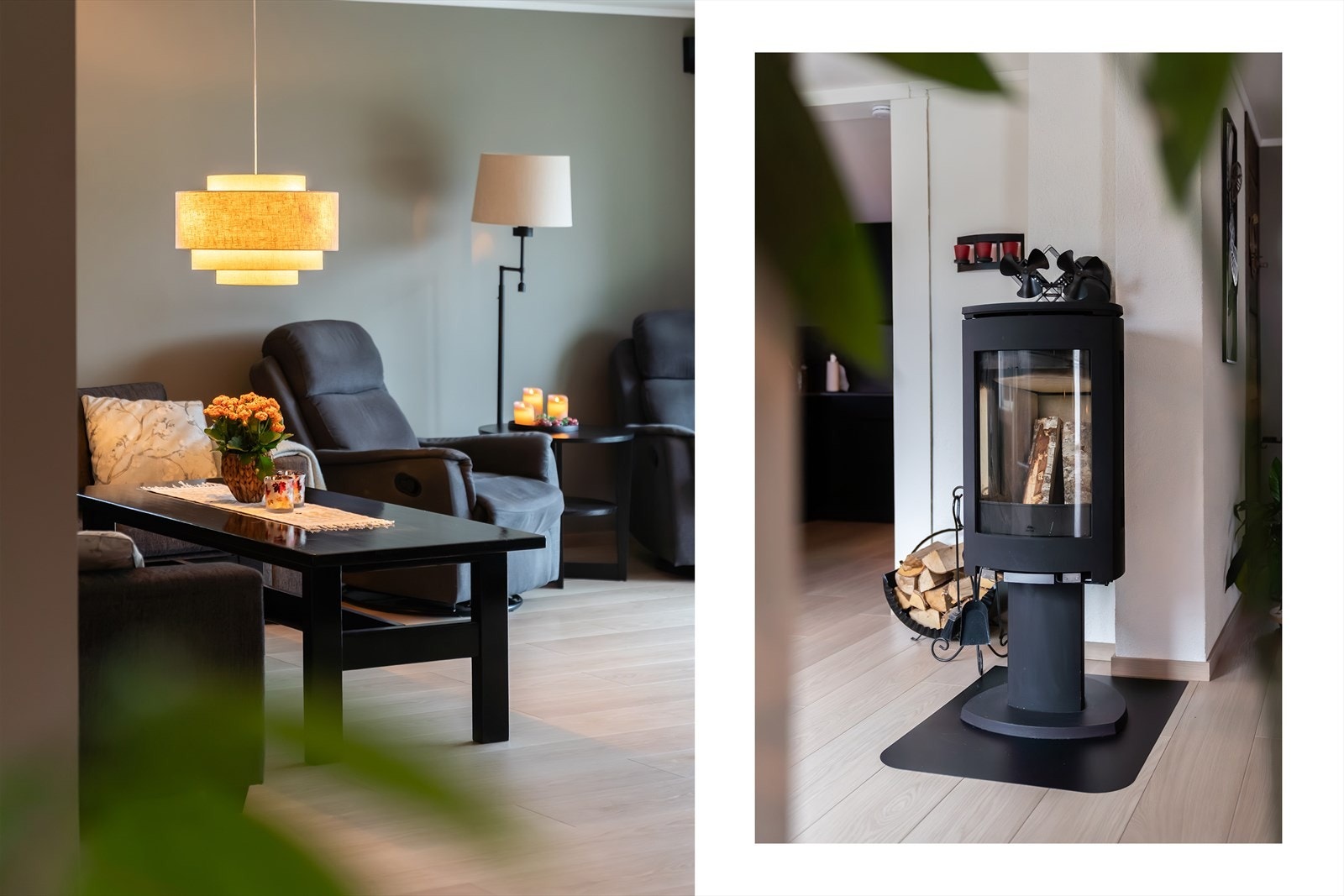 Det er en montert en moderne vedovn mellom stue og kjøkken. Vedfyring bidrar ofte både til hyggelig atmosfære, samtidig som det er en god og forutsigbar varmekilde. Galleribilde