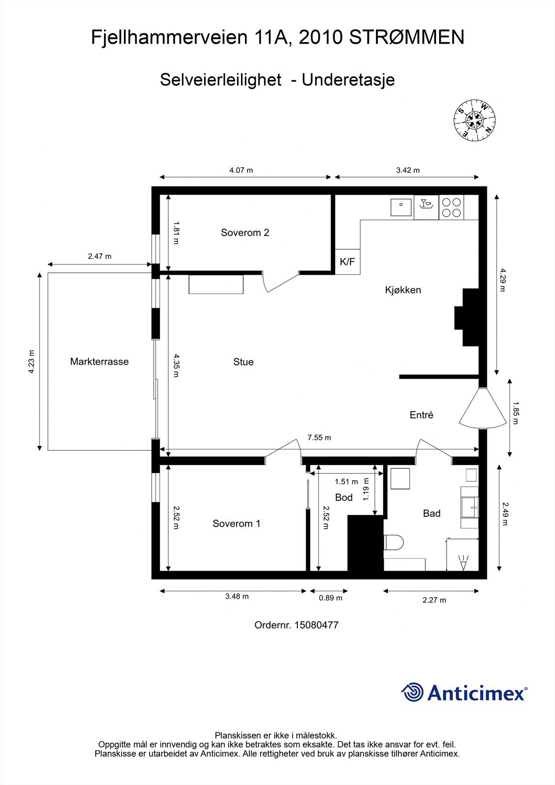 Leiligheten har en arealeffektiv planløsning på 69 m² BRA-i, med to soverom og åpen stue- og kjøkkenløsning. Galleribilde