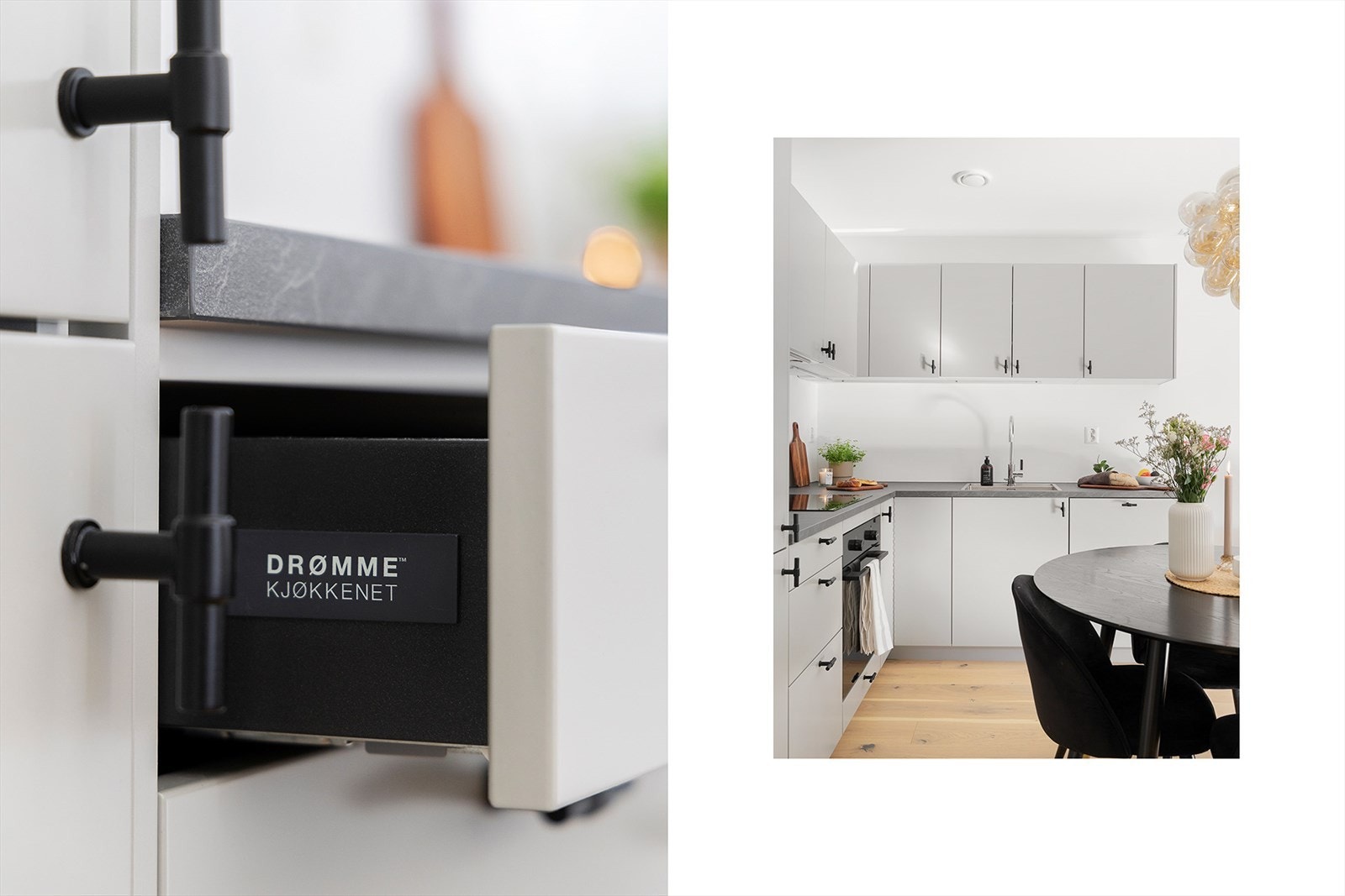 Benkeplate med nedfelt vaskekum og armatur fra Tapwell - Kjøkken utstyrt med fullintegrerte hvitevarer som kjøleskap/fryser, oppvaskmaskin, stekeovn og induksjonstopp Galleribilde