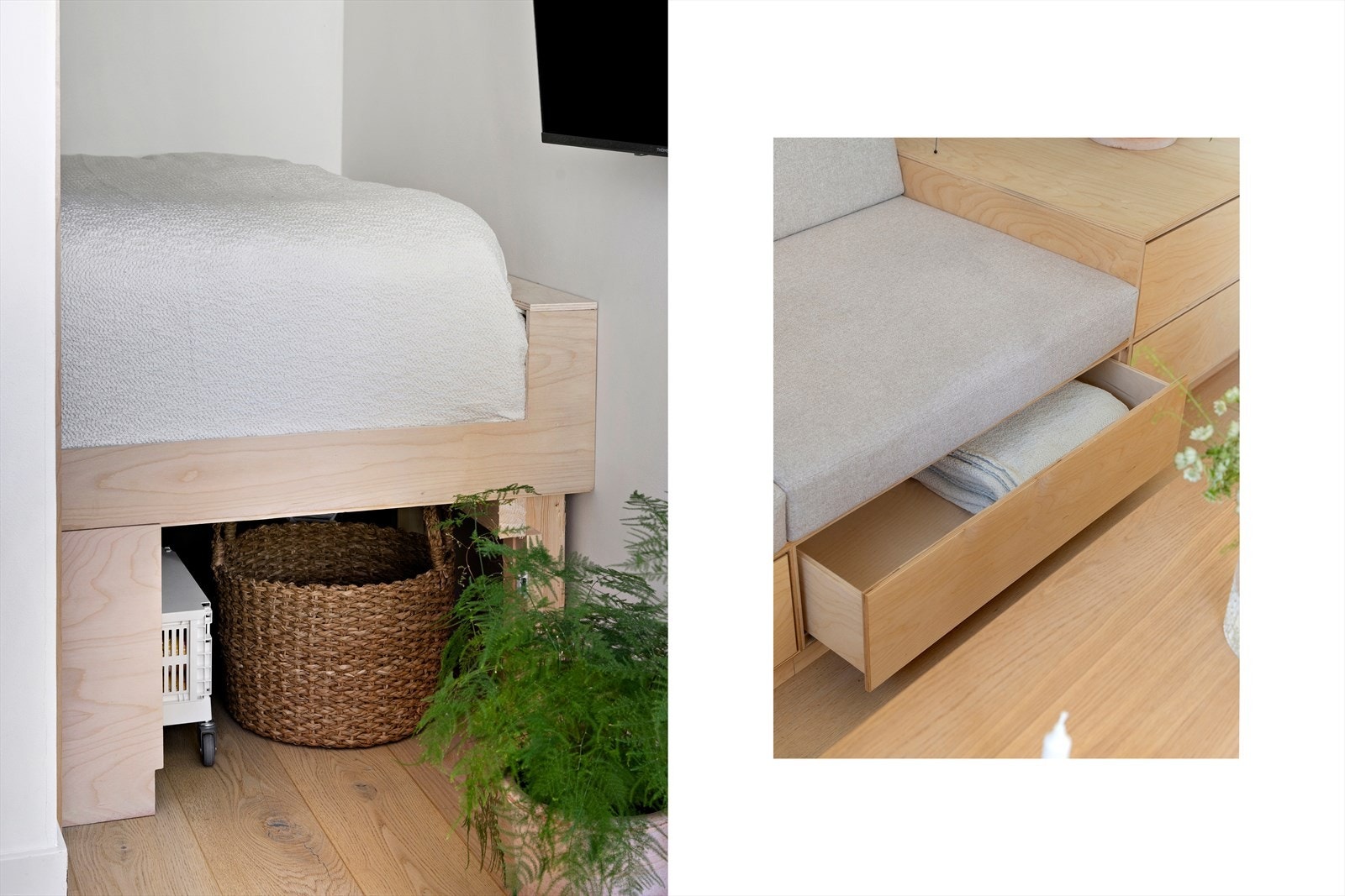 Boligen har flere gjennomtenkte løsninger. Snekkerbygget sofa og rammemadrass med plass til oppbevaring. Galleribilde