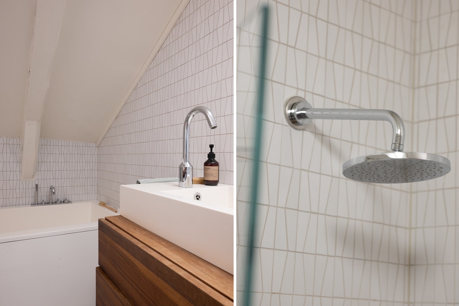 Badet fremstår innholdsrikt med flere smakfulle detaljer, bl.a. med veggmontert regnfallsdusj Galleribilde