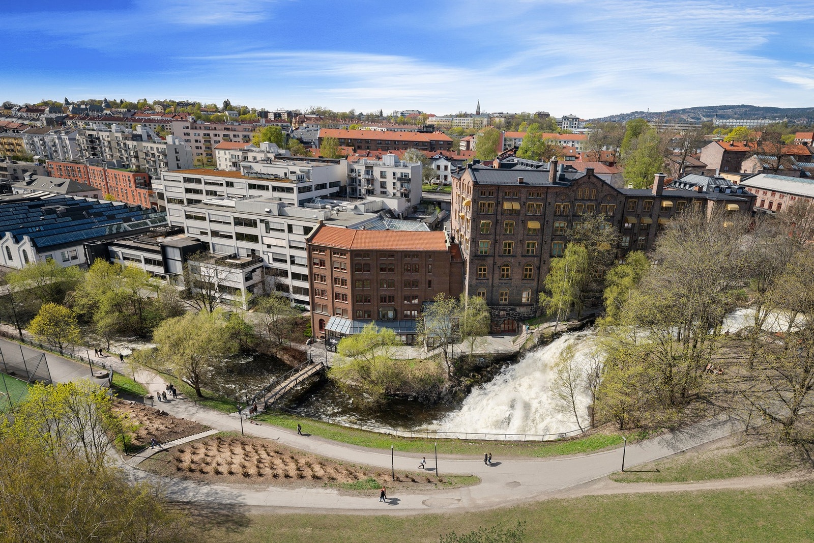 Direkte blikk mot Akerselva som slynger seg gjennom området, vakre teglbygg og grønne parkområder. Galleribilde