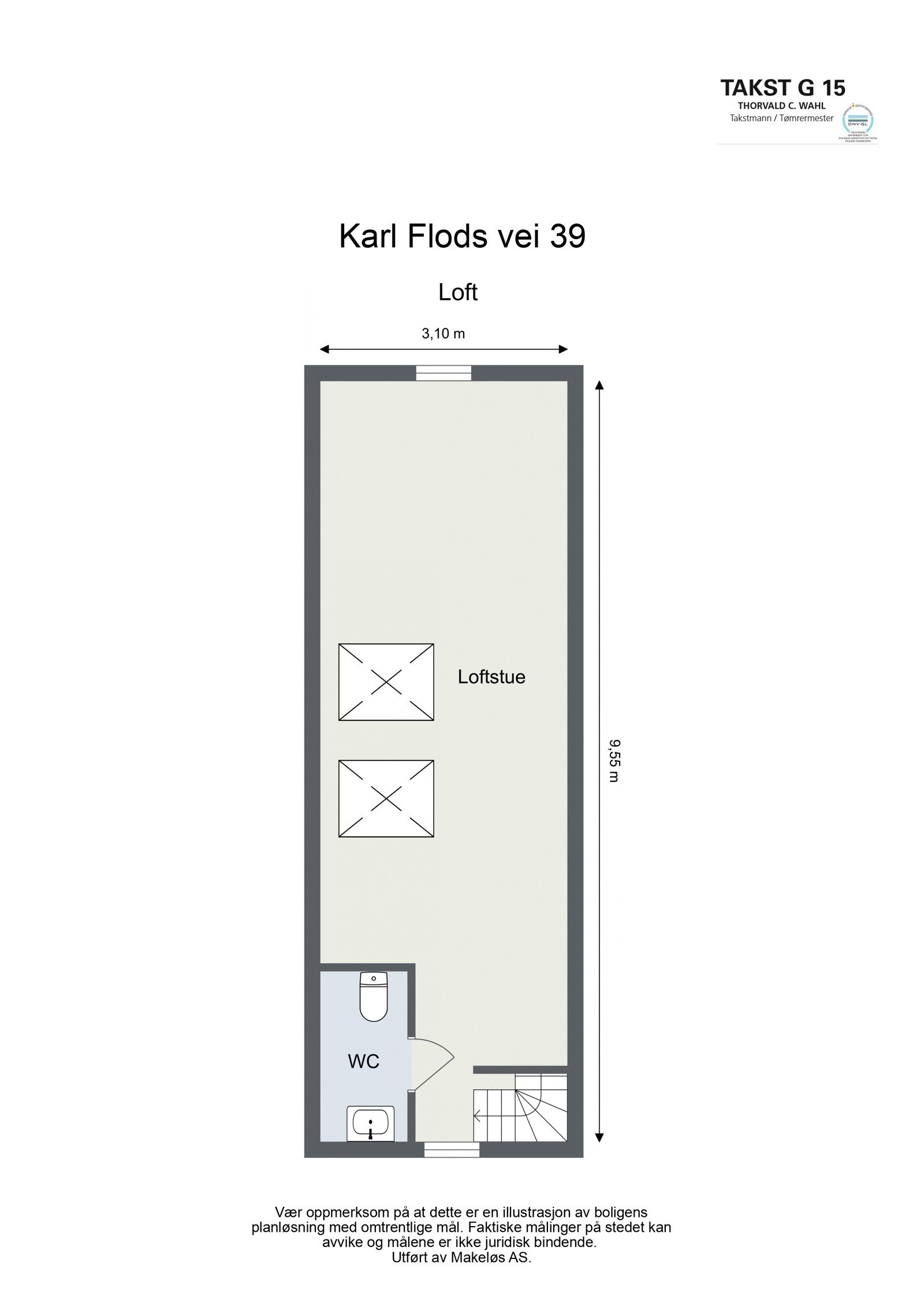 Innbygd loft på 30 kvm gulvareal med lav himlingshøyde. Det foreligger avtale mellom 1. og 2. etasje om deling av loft og kjeller. Galleribilde