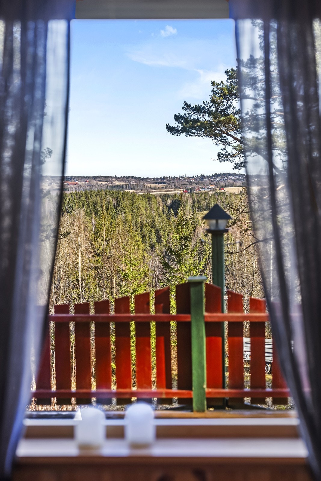 Natursjønn utsikt over skog og jorder Galleribilde