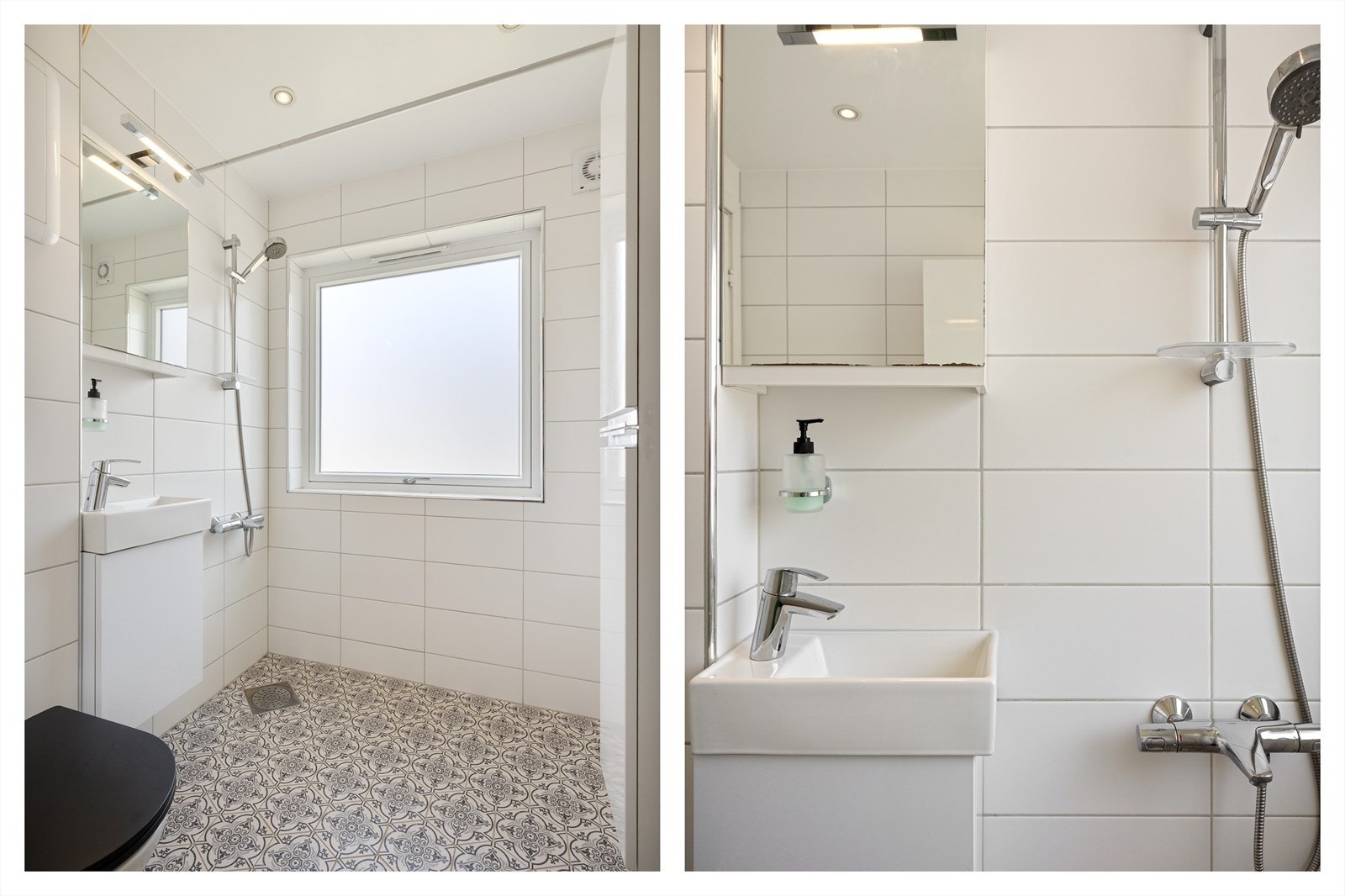 Pent, helfliset baderom med gulvvarme. Badet er innredet med vegghengt toalett, dusj, servant med tilhørende innredning, speil og belysning. Galleribilde