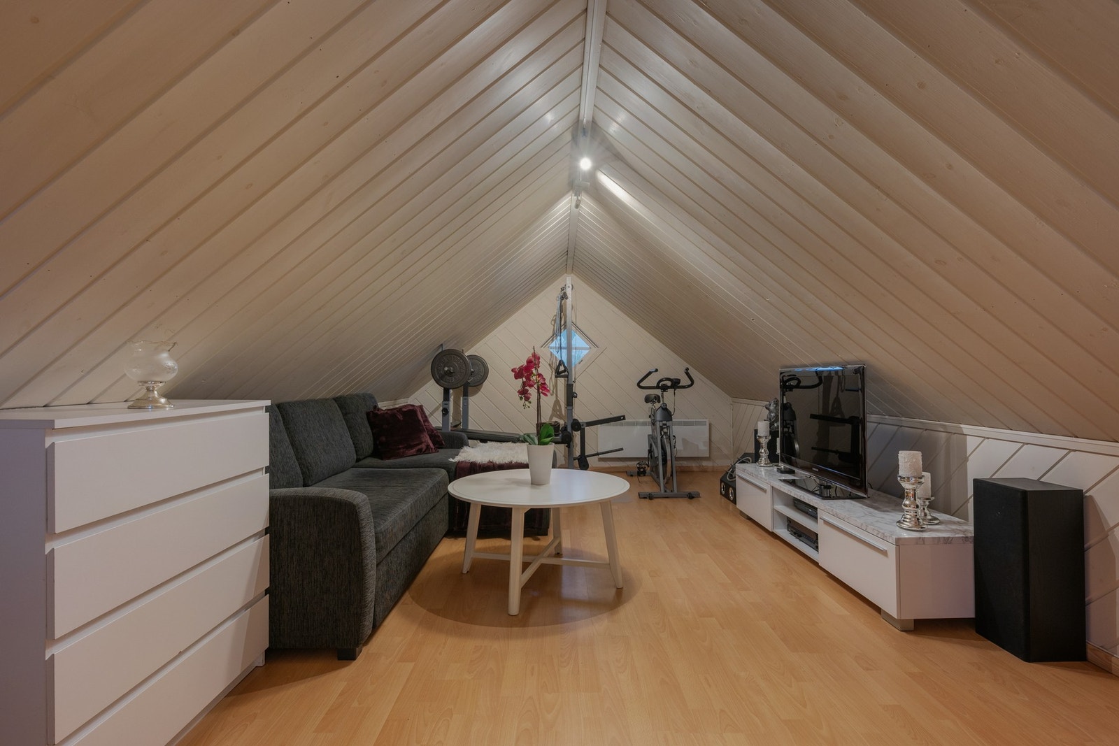 Loftet over garasjen er isolert og brukt som trenings/ungdomsrom. Galleribilde