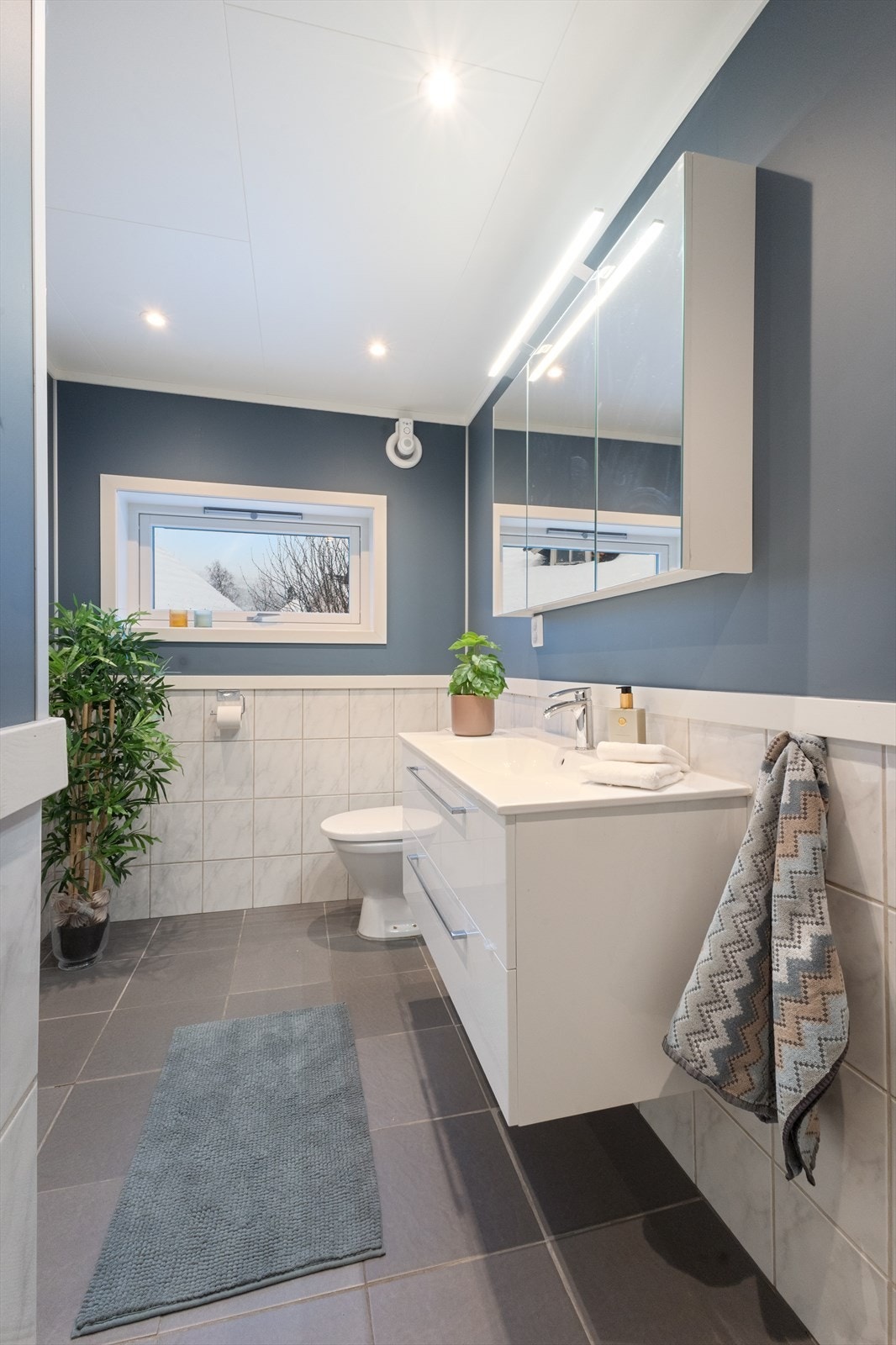 Badet tilbyr et dusjhjørne med glassvegger og elektrisk avtrekksvifte for god ventilasjon. Galleribilde