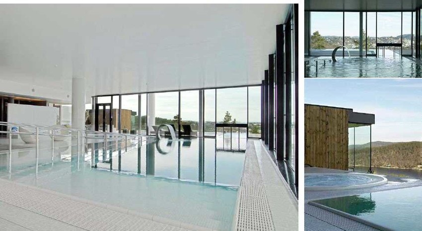 Spa- og treningsanlegg på Kragerø Resort, med styrkerom, svømmebasseng ute og inne. Galleribilde
