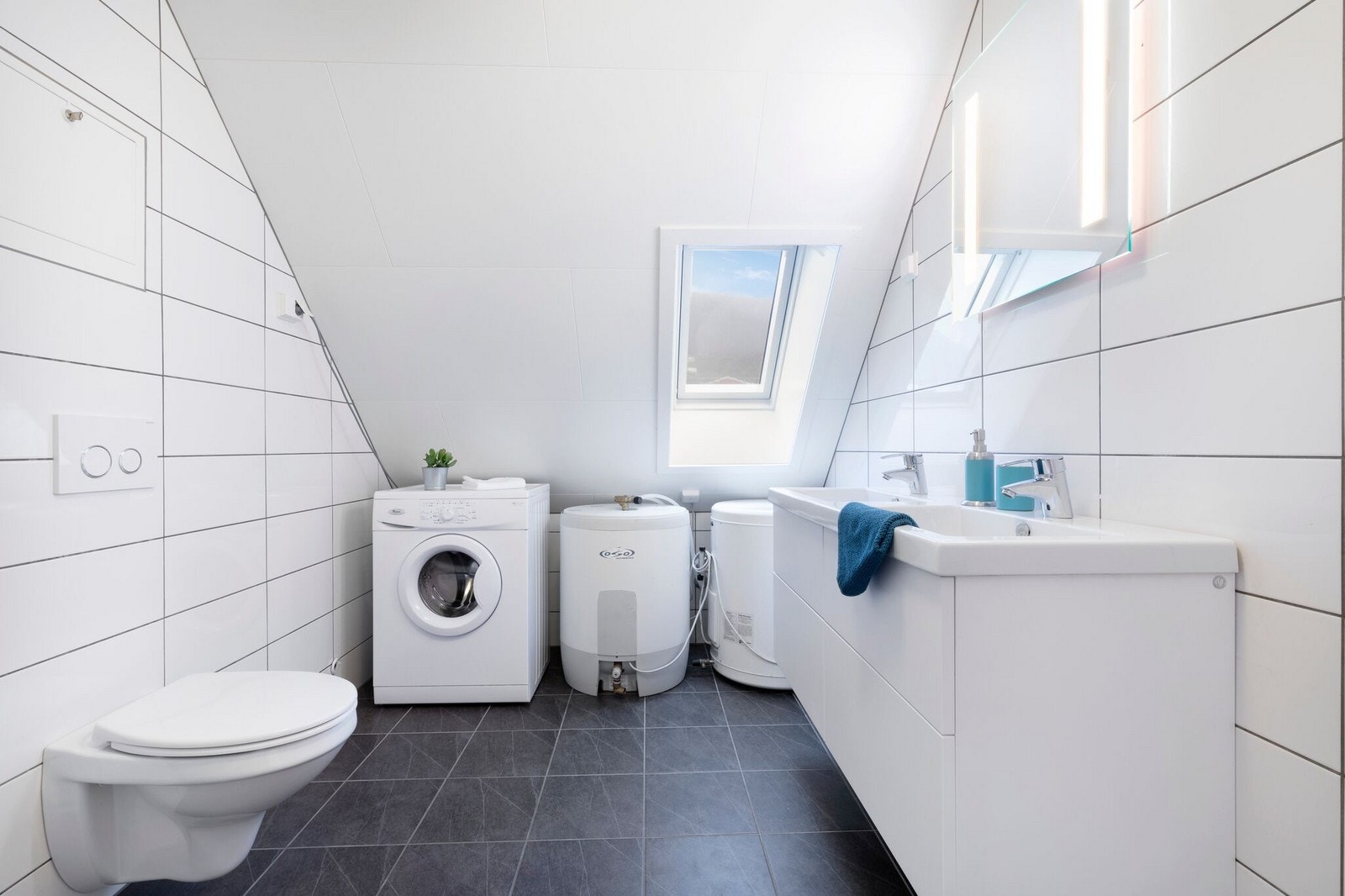 Badet inneholder toalett, dusj servant og vaskemaskin Galleribilde
