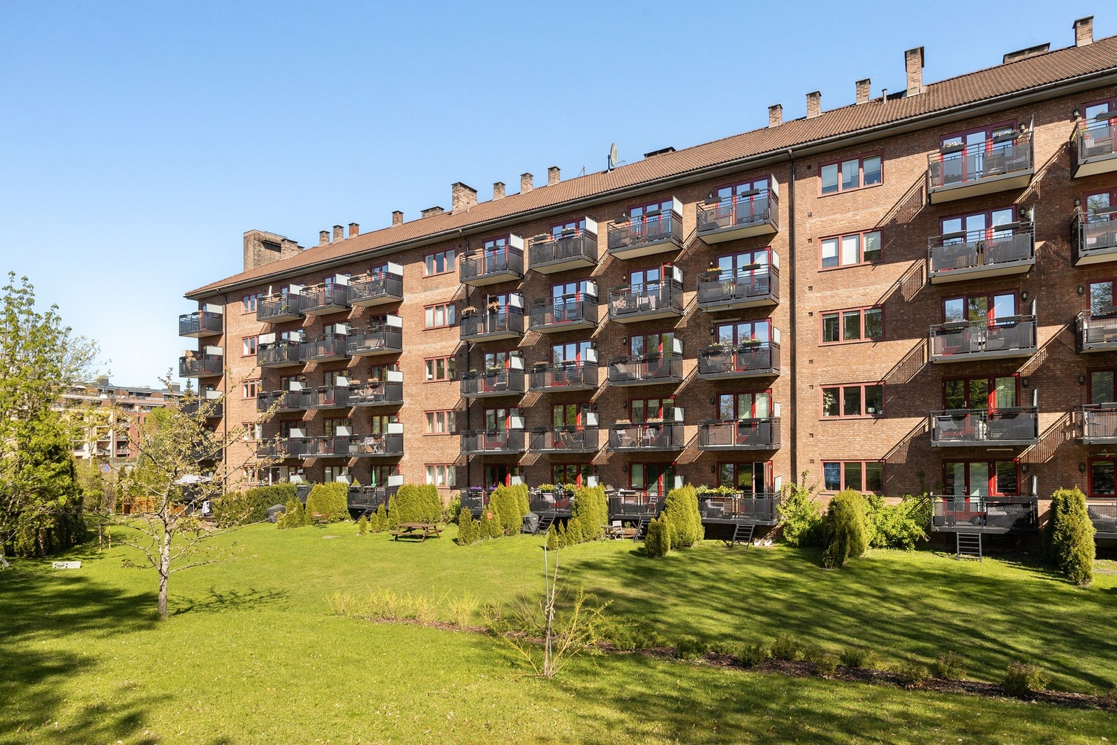 Det er parkmessige utearealer rundt borettslaget. Velholdt plen og hyggelig beplantning. Galleribilde