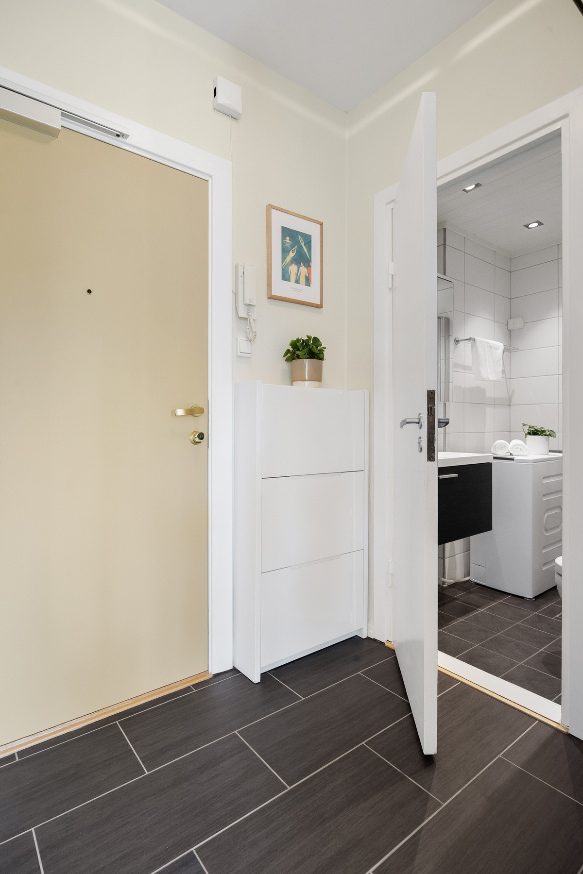 Entré med callinganlegg. Flislagt gulv med gulvvarme, og plass til klesoppheng. Galleribilde