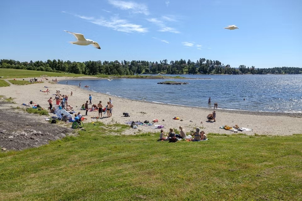Storøya badestrand med kiosk, wc og flere volleyballbaner. Galleribilde