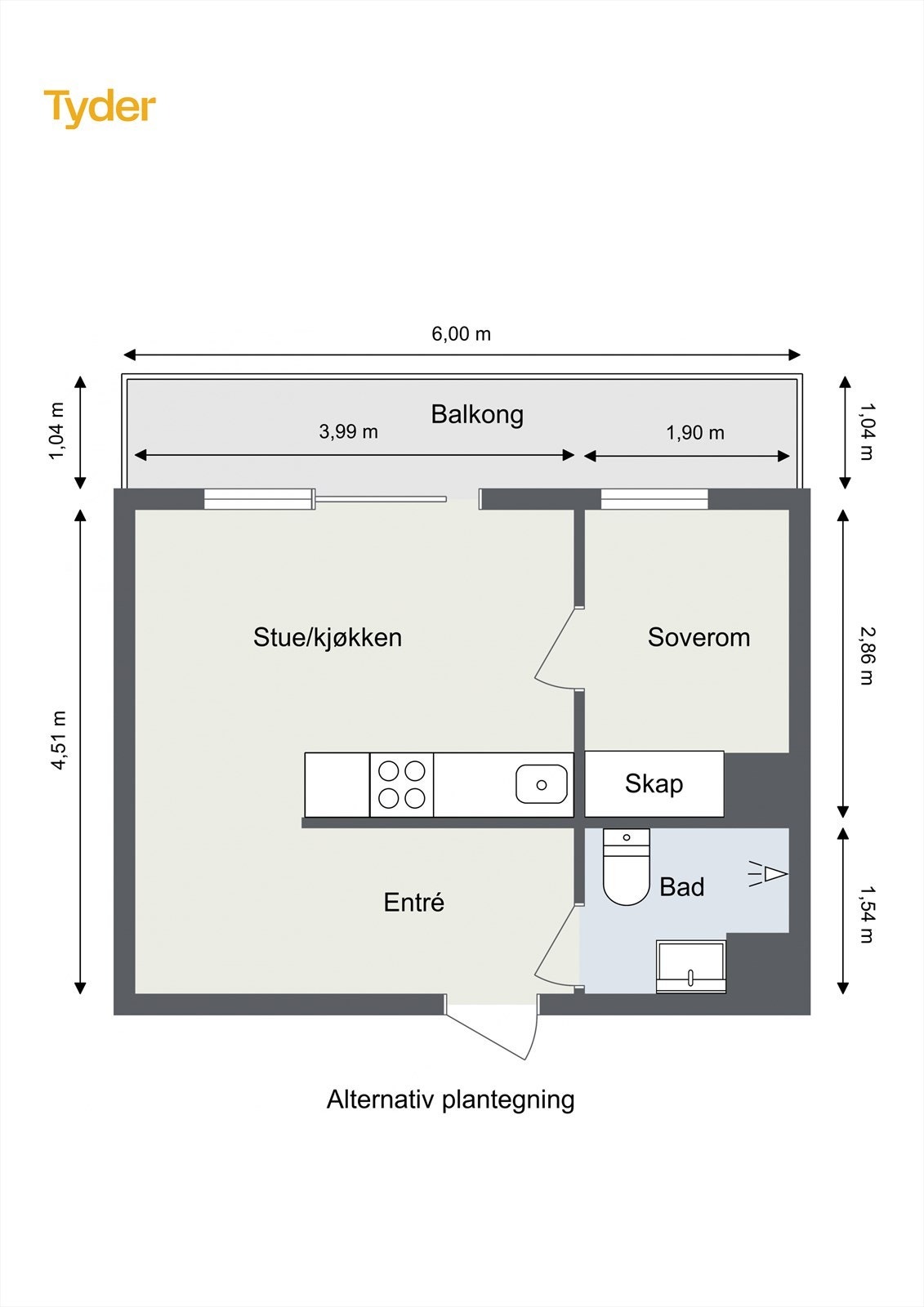 Alternativ planløsning hvor dagens kjøkken er flytter ut i stue for å etablere et soverom. Dette kun ment som inspirasjon. Kjøper er selv ansvarlig for utføring og risiko forbundet med eventuell omgjøring. Galleribilde
