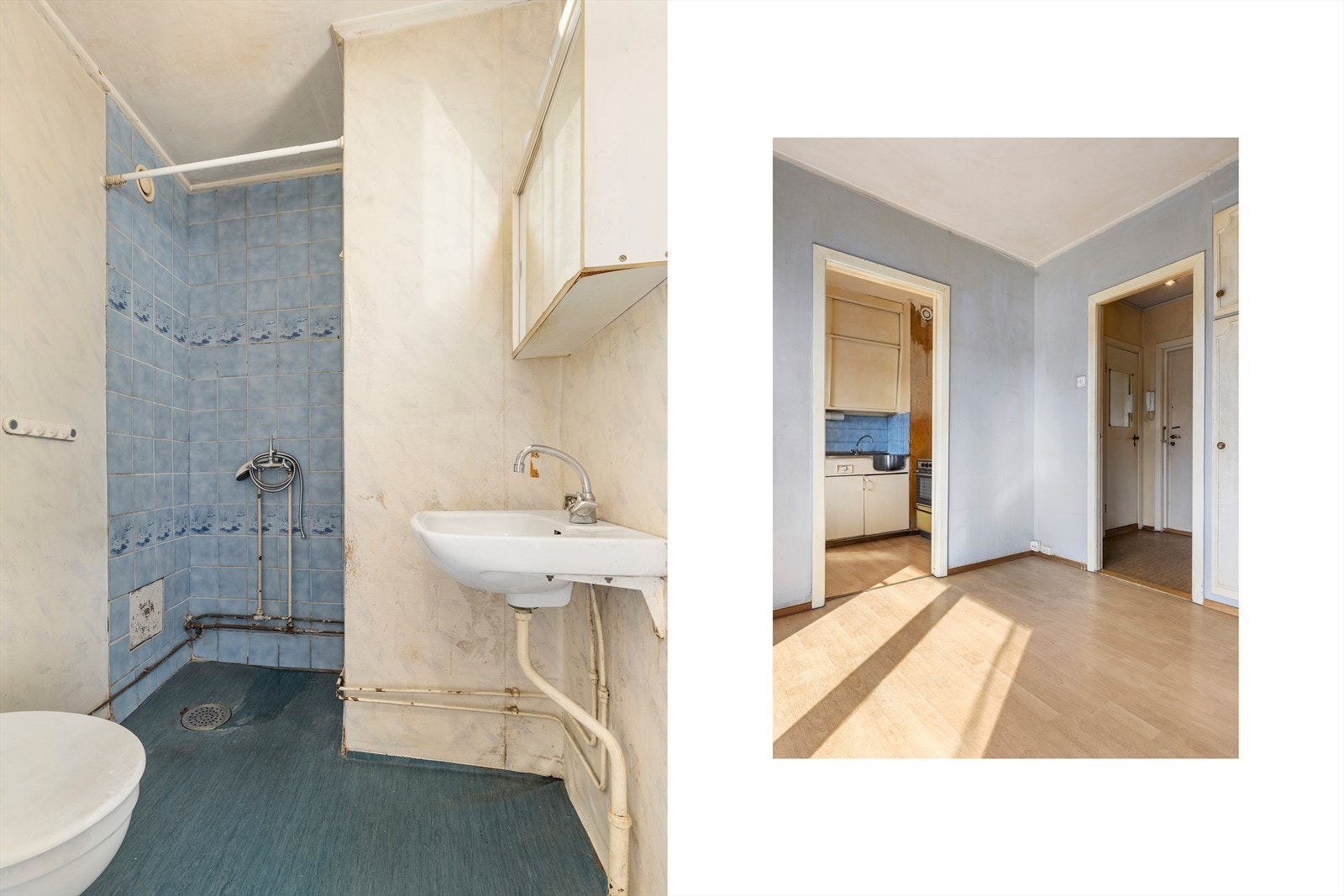 Eldre bad med overskap med speilfronter, dusjsone, servant og gulvmontert toalett. Badet har behov for modernisering for å tåle dagens bruk. Galleribilde
