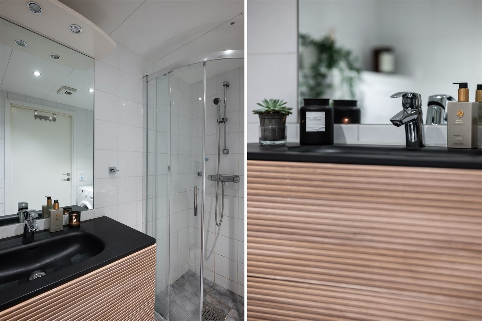 Badet er utstyrt med en praktisk innredning med servant, vegghengt toalett og opplegg for vaskemaskin. Dusjsonen er oppgradert med nytt dusjhjørne i 2024. Galleribilde