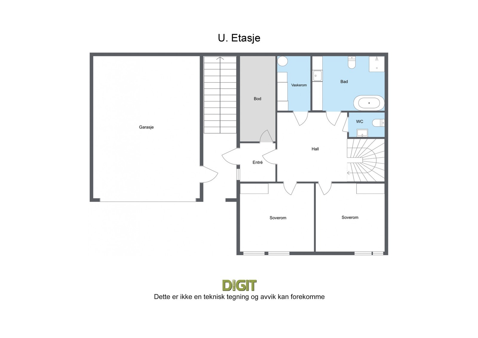 U.etg: Entré, gang/hall med trapp, 2 soverom, bad, separat toalettrom, vaskerom og bod. Det er også direkte adkomst til dobbelgarasje. Galleribilde