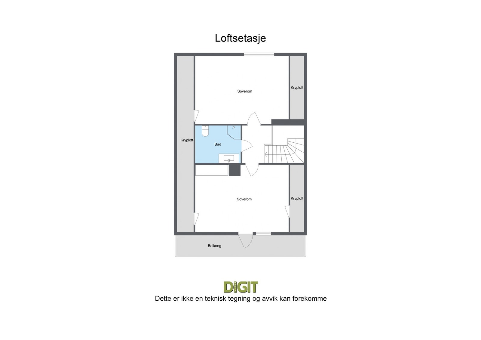 Loftetasjen 2 soverom, bad og trapperom/gang. I tillegg lagringsplass i knevegger. Galleribilde