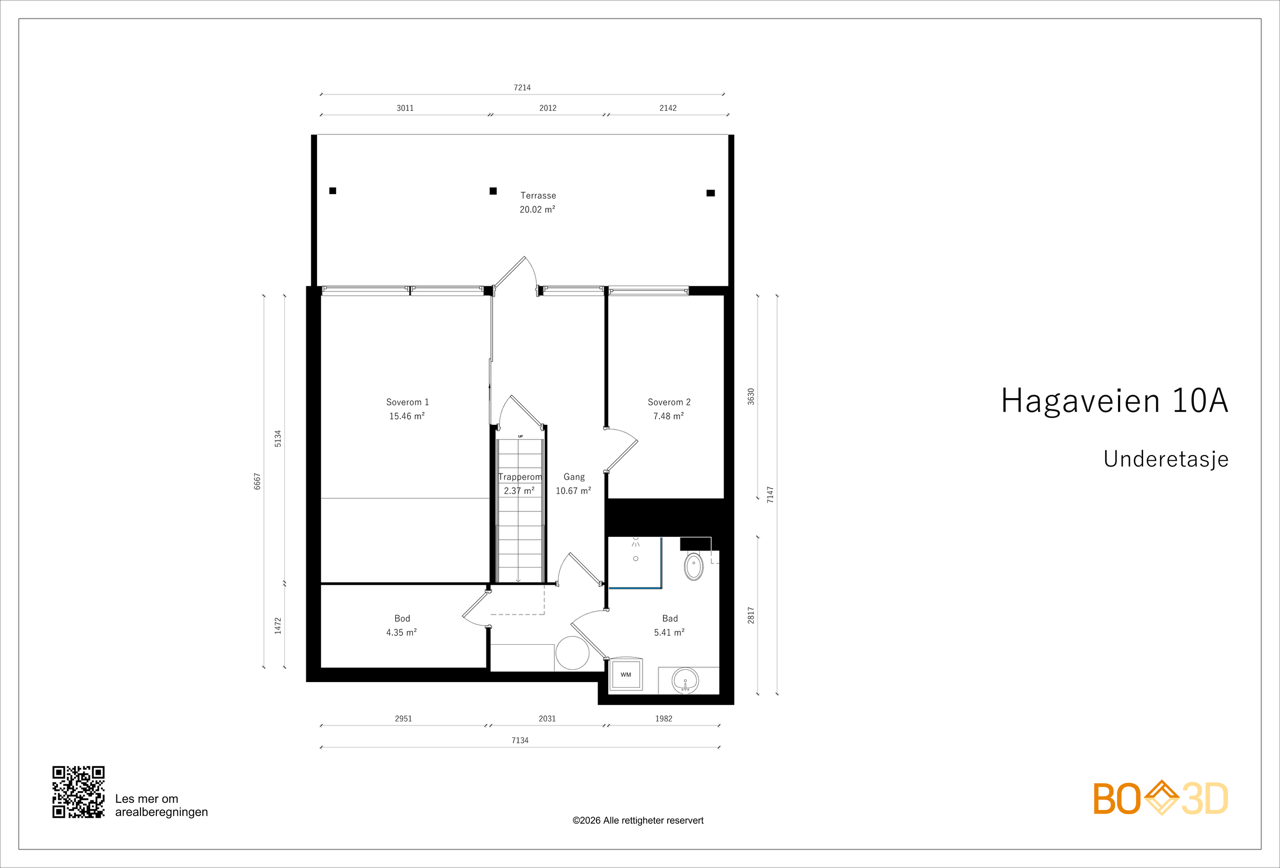 Underetasjen har to soverom og et bad, med utgang til en terrasse på 20 m². Galleribilde