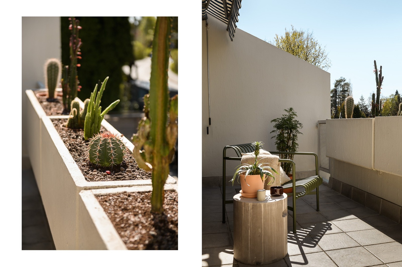 Flislagt terrasse med plantekasser i betong. Galleribilde
