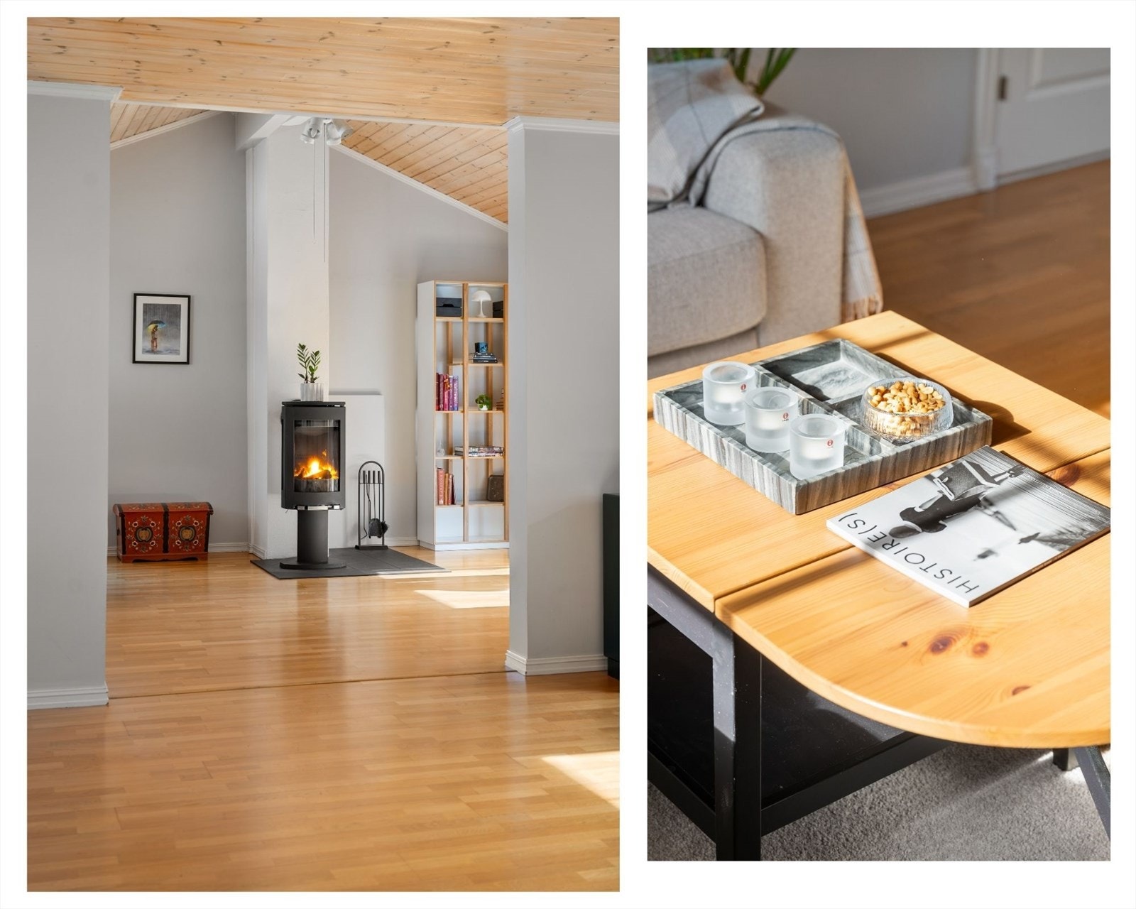 Stuene i første etasje er både romslige og hyggelige, med vedovn som et sentralt element. Galleribilde