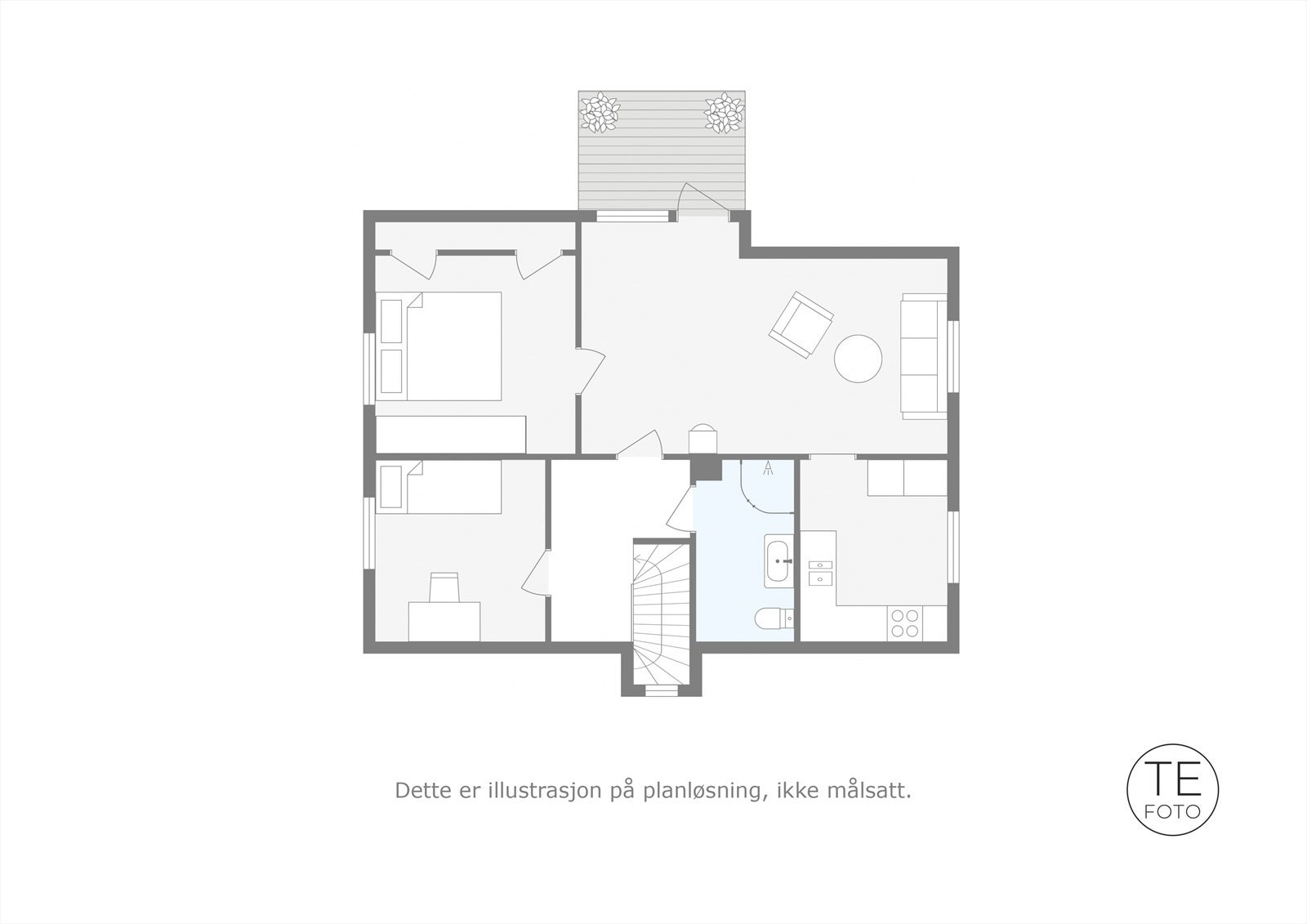 Plantegning loft | Inneholder stue, kjøkken, bad og to soverom, samt utgang til balkong Galleribilde