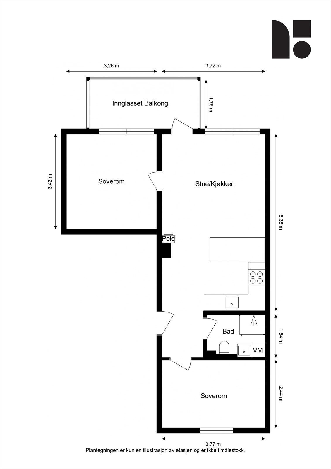 Plantegning. Leiligheten disponerer to boder i kjeller på totalt 4 m² og en bod på loftet på 4 m² (Gulvareal målt til ca. 12 m²). Galleribilde
