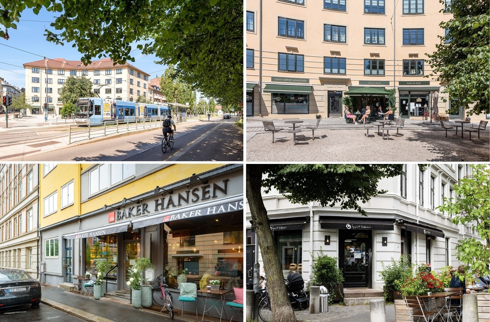 Buss/trikk på Adamstuen og i Stensgata, samt flere kafeer og servicefasiliteter. Galleribilde
