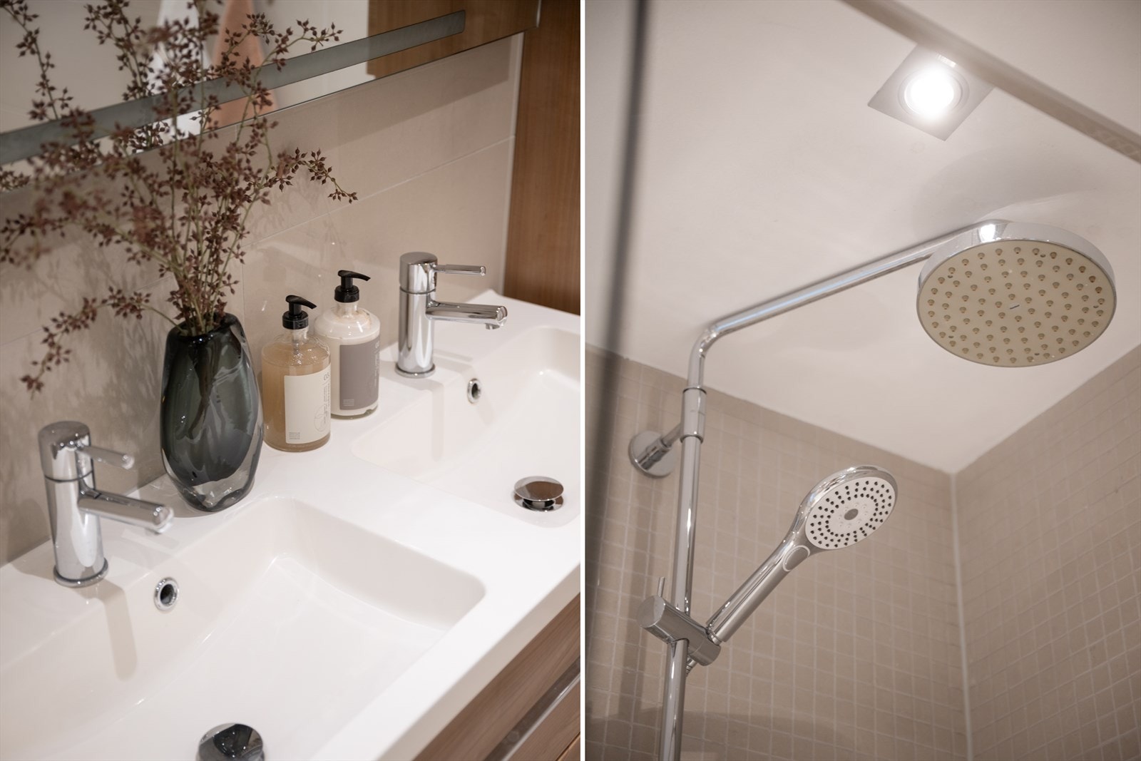 Badet er innredet med dobbel servant, rikelig med oppbevaringsplass og dusjløsning med glassdører. Galleribilde