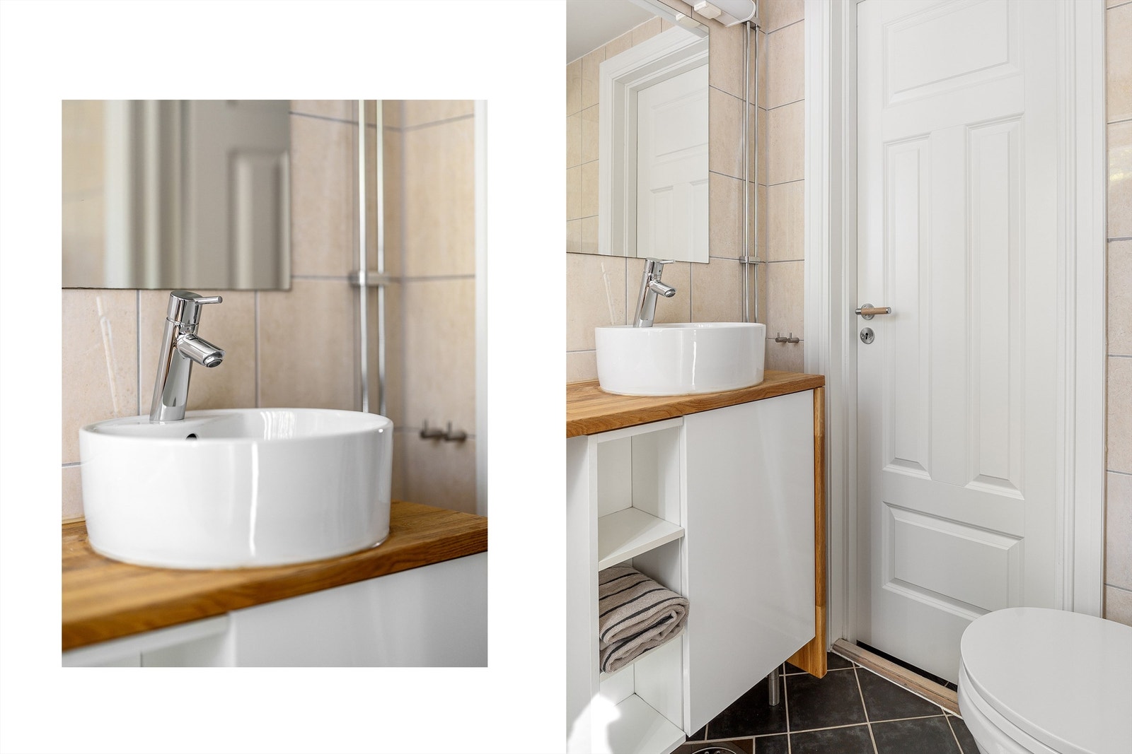 Badet er innredet med vegghengt servantinnredning med skuffer og ovenpåliggende servant i stilrent design. Galleribilde